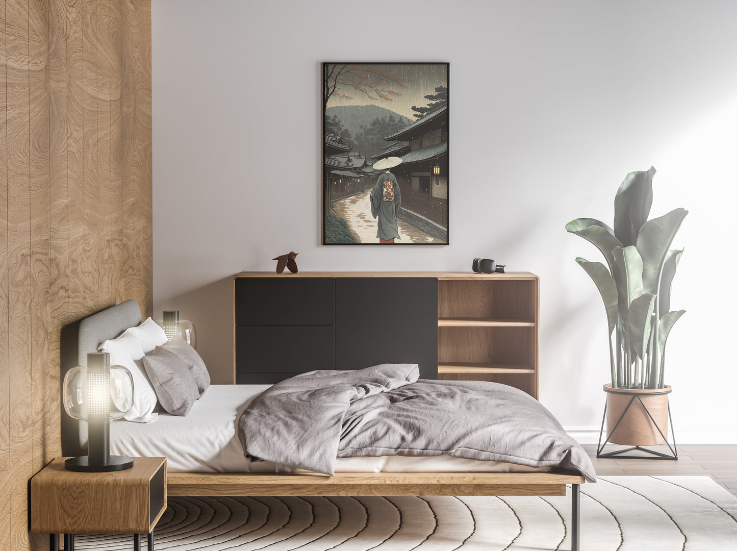 Poster village japonais sous la pluie au-dessus d'un lit, chambre claire avec plante