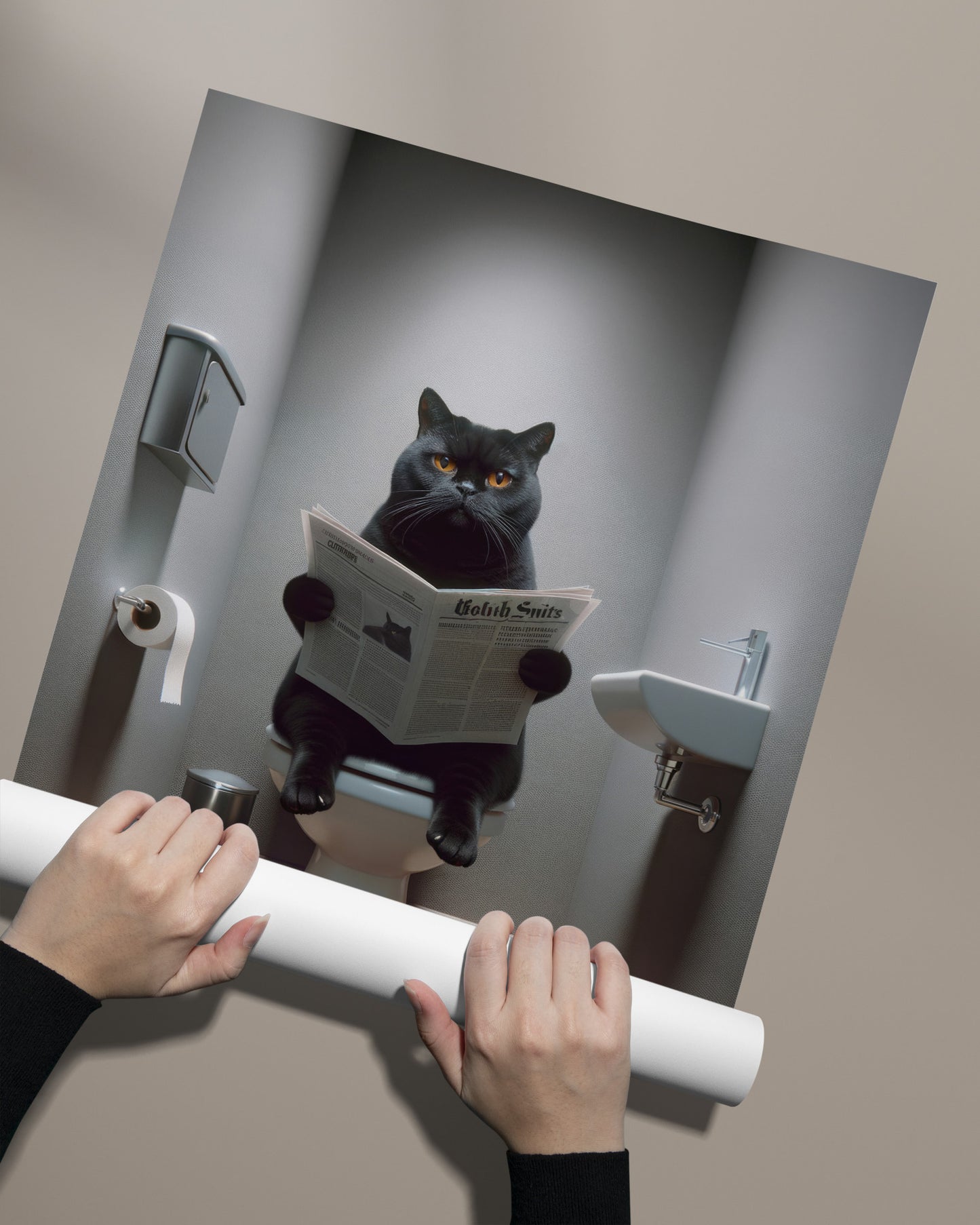 Affiche chat British Shorthair noir aux WC déroulé à la main, sans cadre
