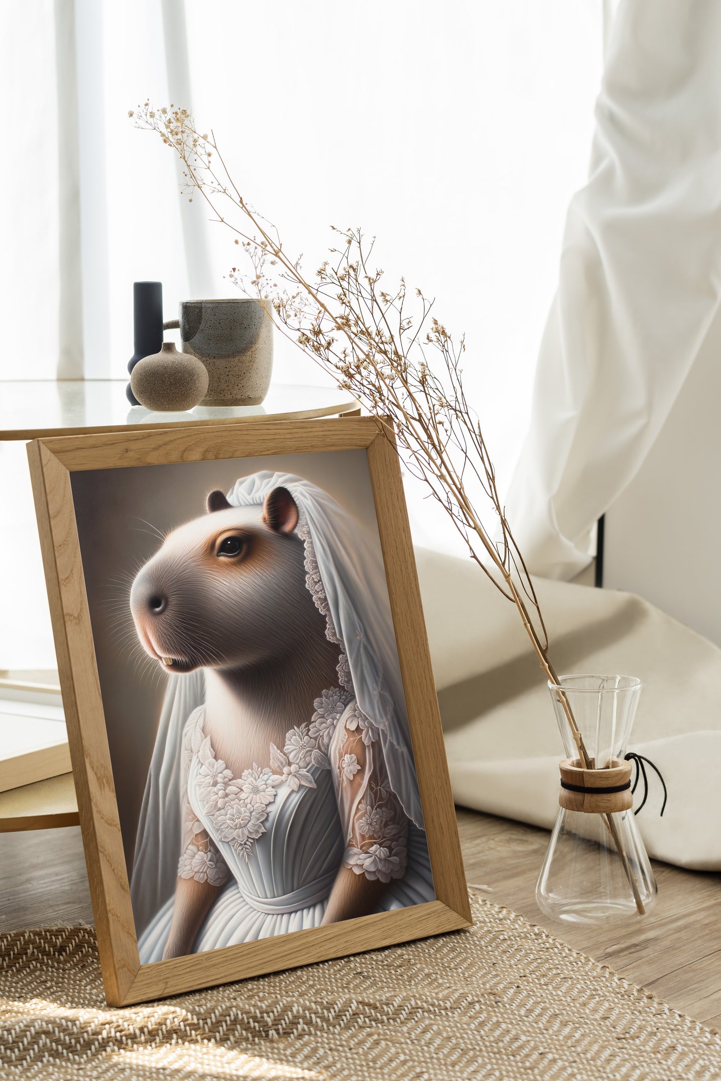 Poster capybara en robe blanche, cadre bois clair posé au sol sur un tapis, branches séchées