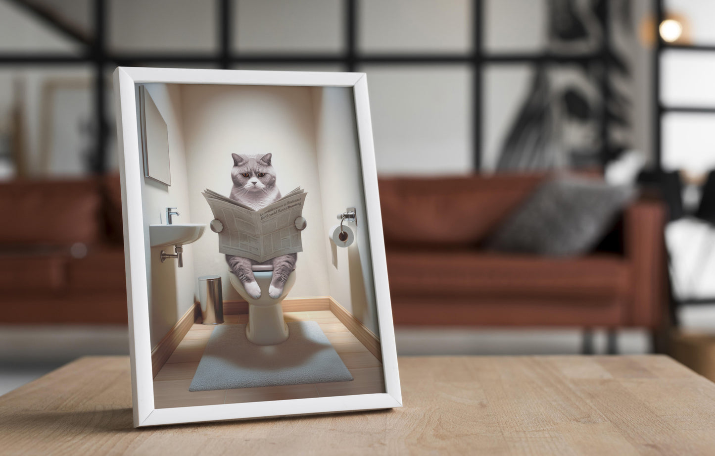 Affiche murale Chat British Shorthair Lilas-Blanc sur toilettes, Déco WC Humour, Poster Salle de Bain Cadeau