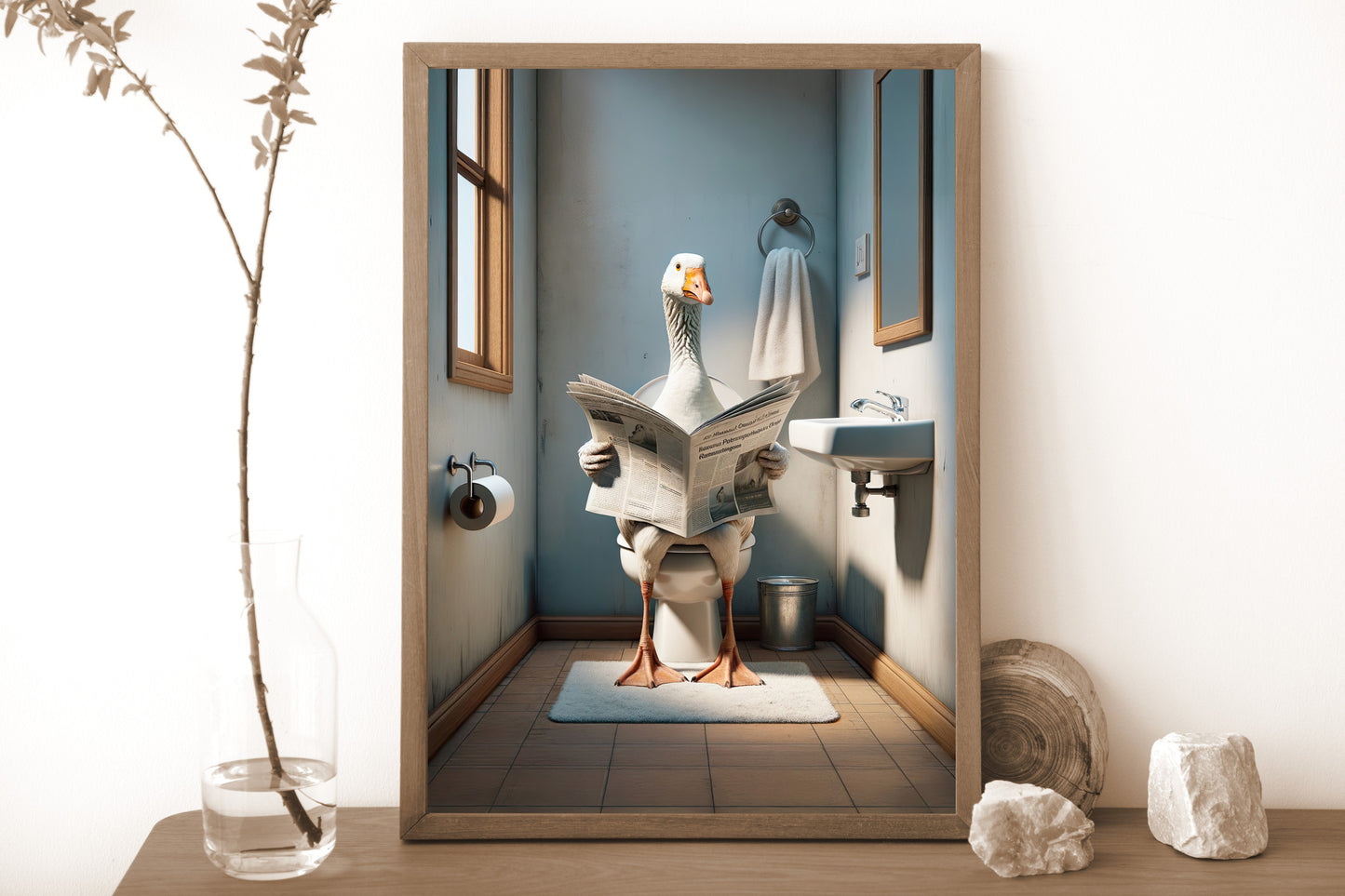 Poster Humour WC : Oie lisant le journal sur toilettes, Décoration Salle de Bain, Cadre Fun, Idée Cadeau Originale