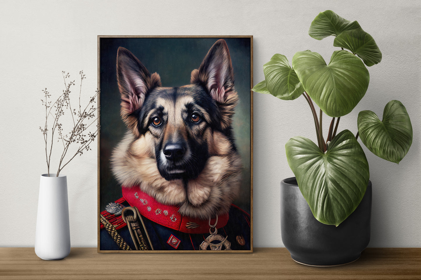 German Shepherd uniform poster in a dark wood frame on a shelf between a white vase and a plant