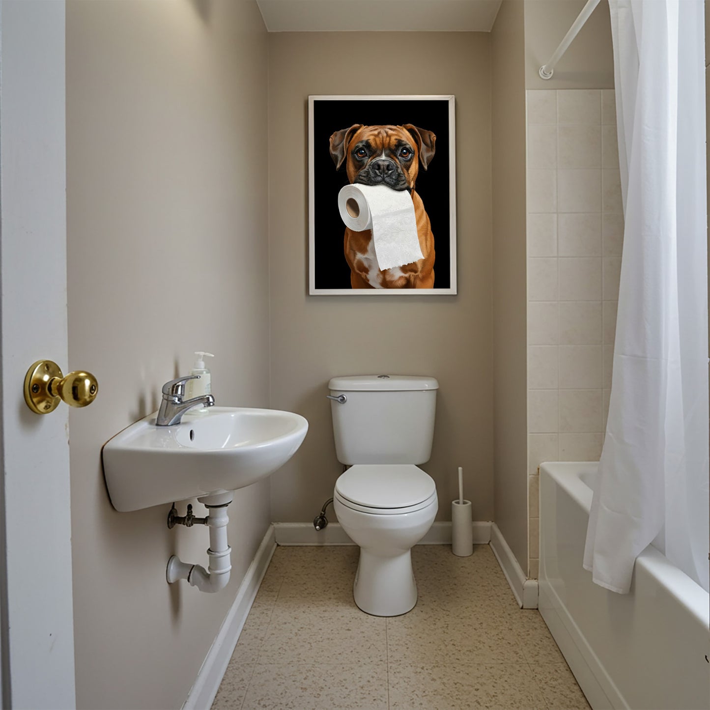 Funny Boxer toilet poster framed above the toilet, beige bathroom with a shower curtain