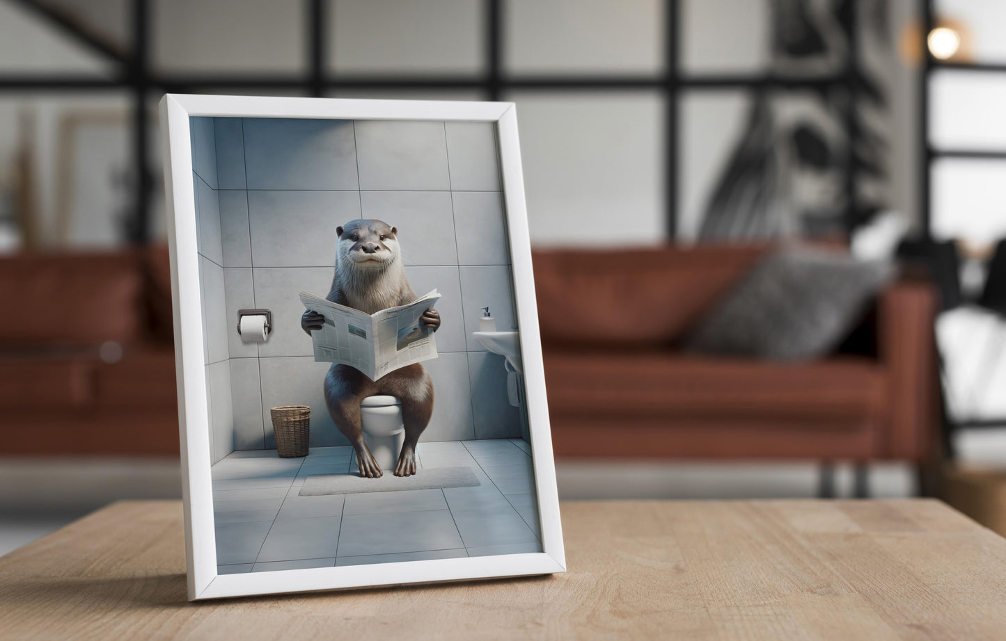 Poster Loutre Lisant Journal aux Toilettes - Décoration Humoristique WC - Cadre Déco Salle de Bain - Cadeau Amusant