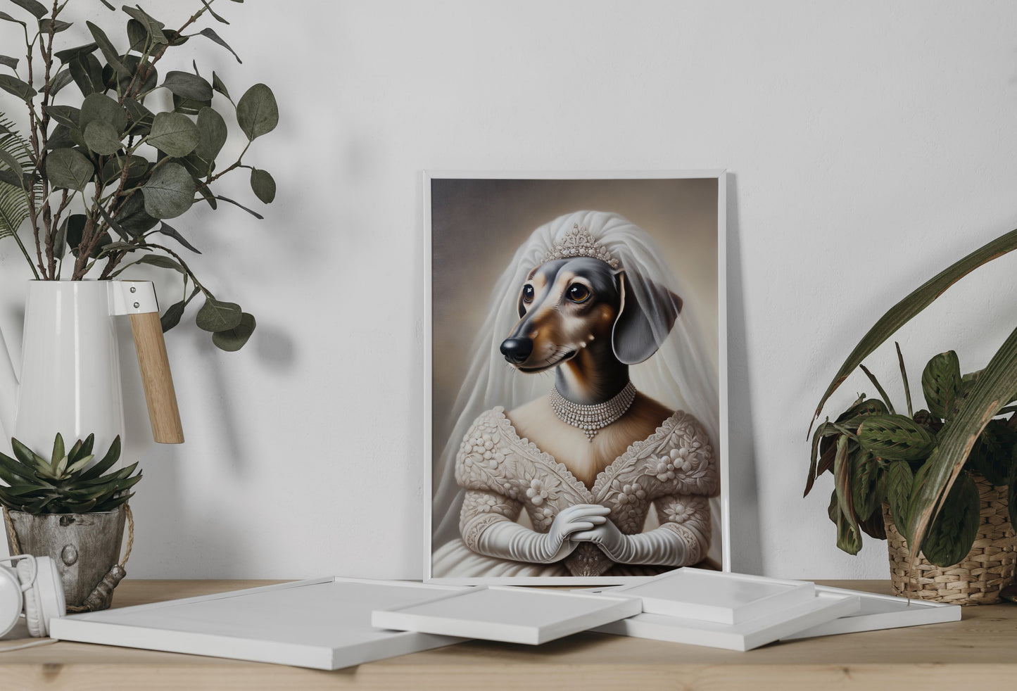 Poster teckel en robe de mariée appuyé au mur sur une console, entre eucalyptus et plante en pot