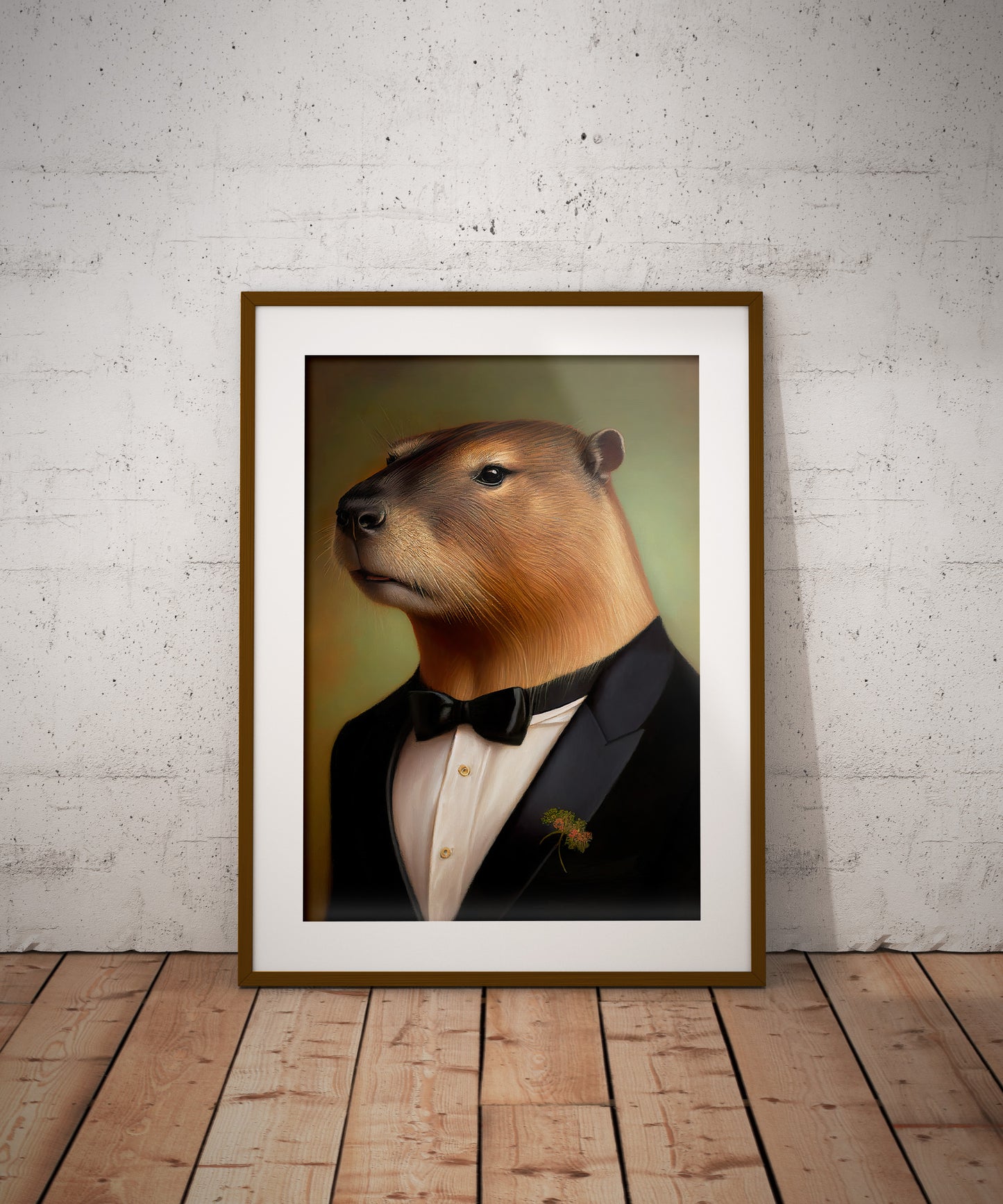 Capybara in tuxedo poster in a dark wood frame with mat, on the floor against a brick wall