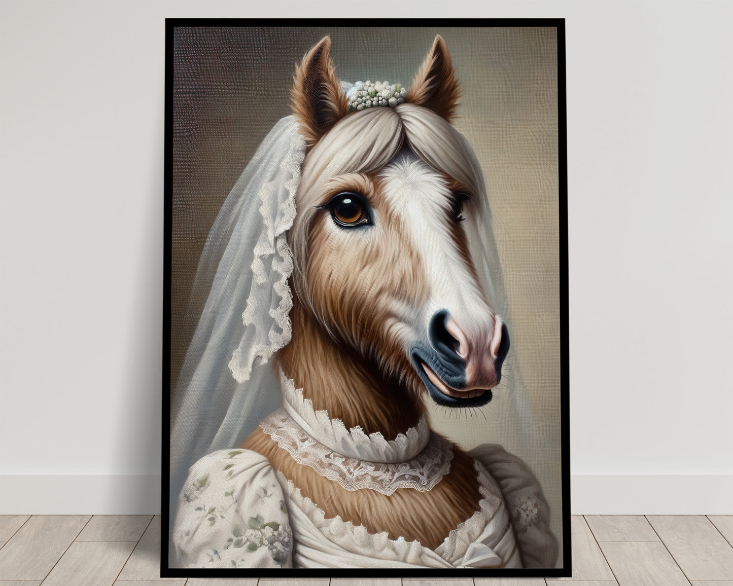 Portrait of a bay mare with a white mane in a floral wedding dress, lace collar and veil, gray background, black frame