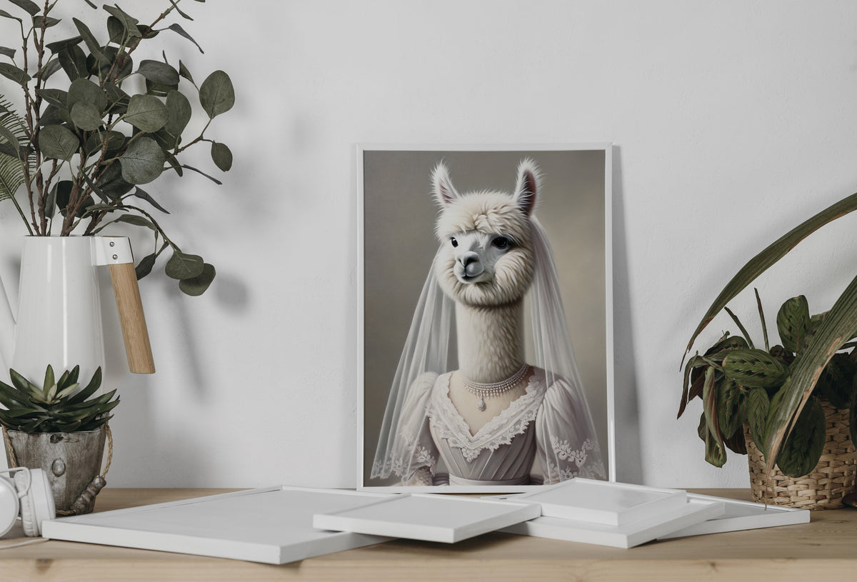 Affiche alpaga en robe de mariée appuyée au mur sur une console, entre eucalyptus et plante en pot