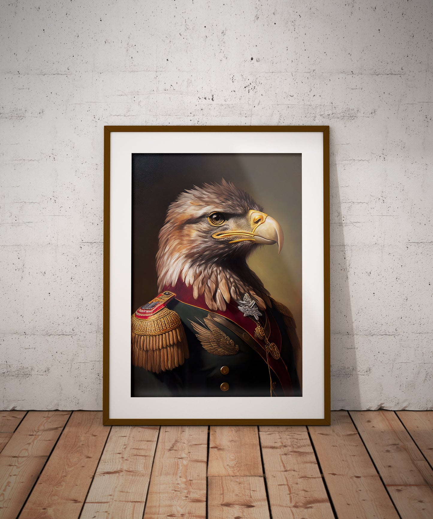 Poster aigle en uniforme, cadre bois foncé et passe-partout, posé au sol contre un mur de briques blanches