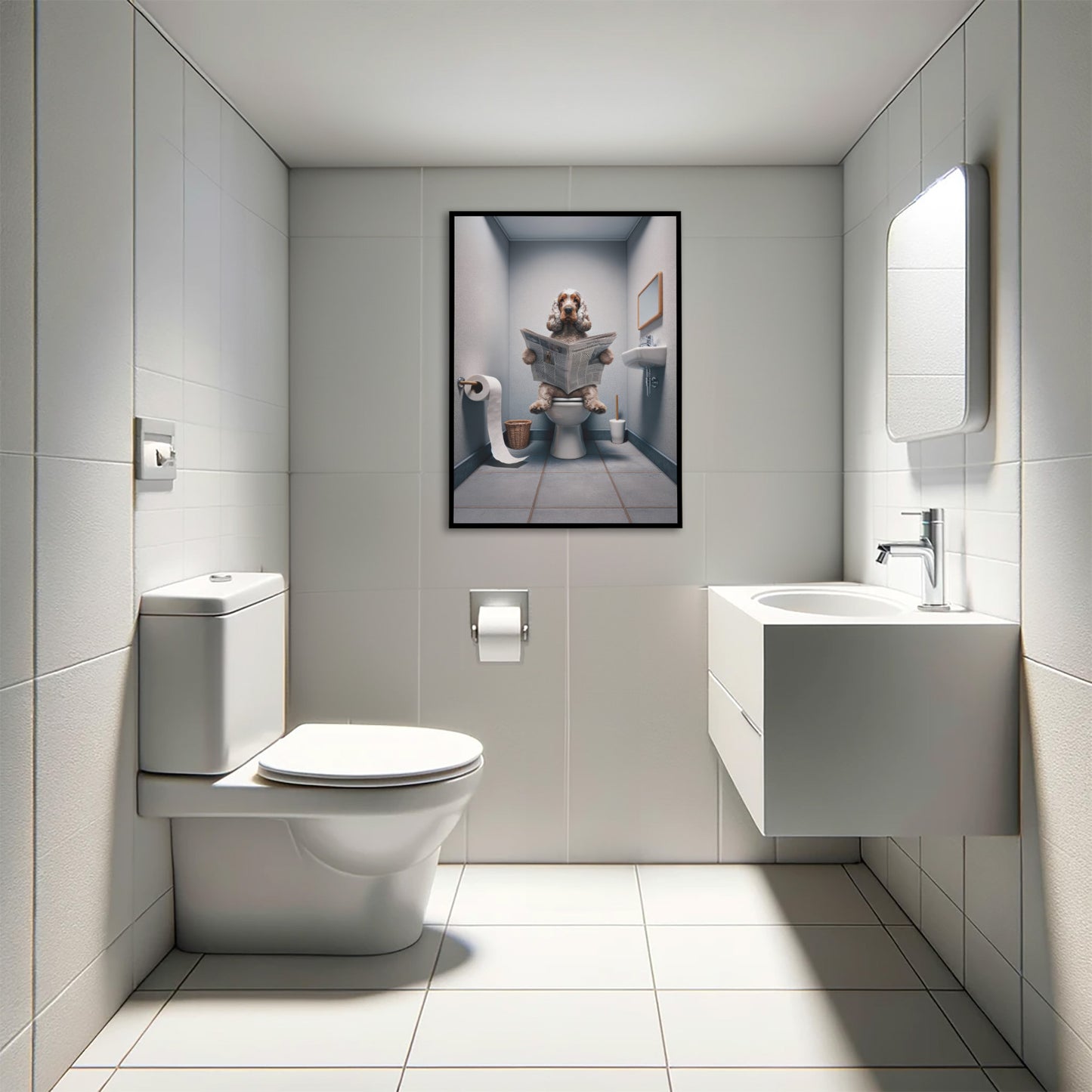 Poster Cocker lisant le journal en cadre noir au-dessus des toilettes, WC carrelé blanc