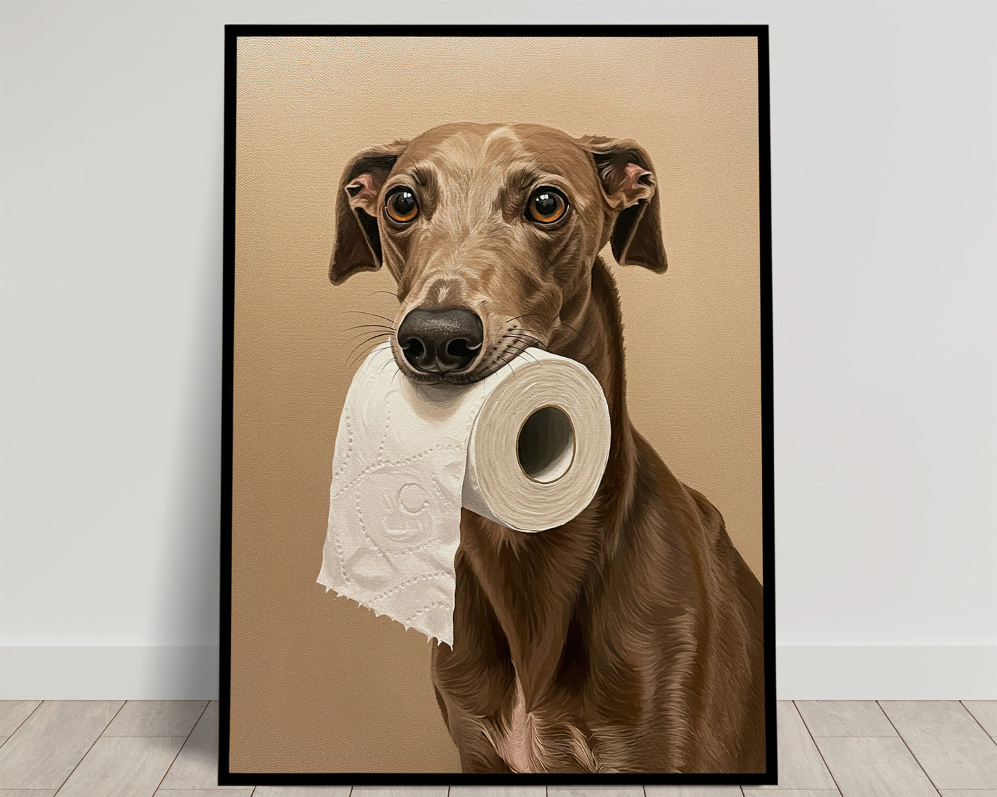 Lévrier brun tenant un rouleau de papier toilette dans la gueule, fond beige, poster humour WC en cadre noir