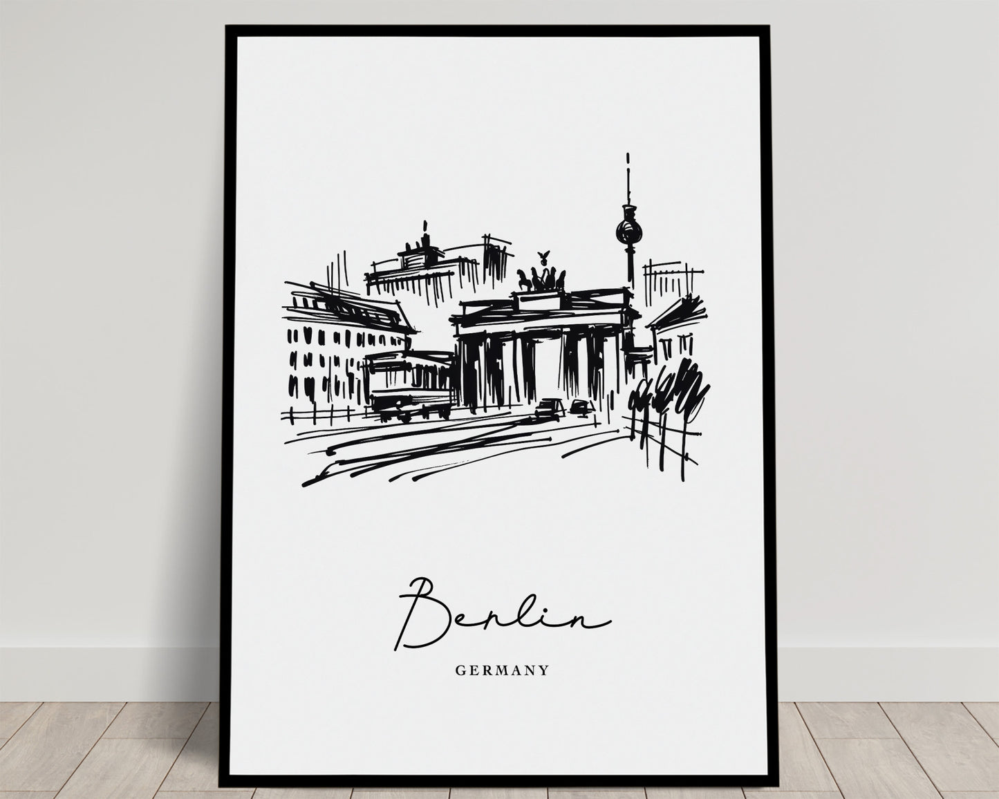 Black ink sketch of Berlin's Brandenburg Gate and TV Tower with handwritten city name, Balthazart Studio poster