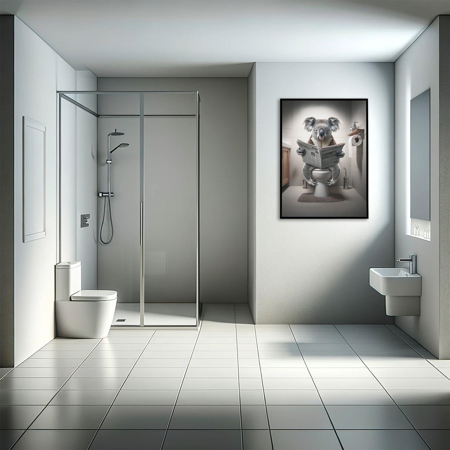 Koala on the toilet poster in a black frame in a modern bathroom with a glass shower