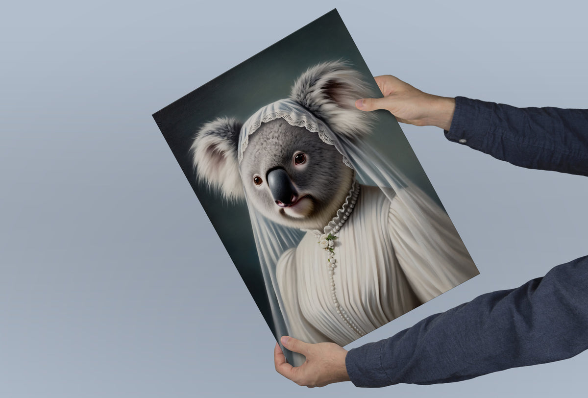 Koala bride poster held in both hands against a blue-gray background