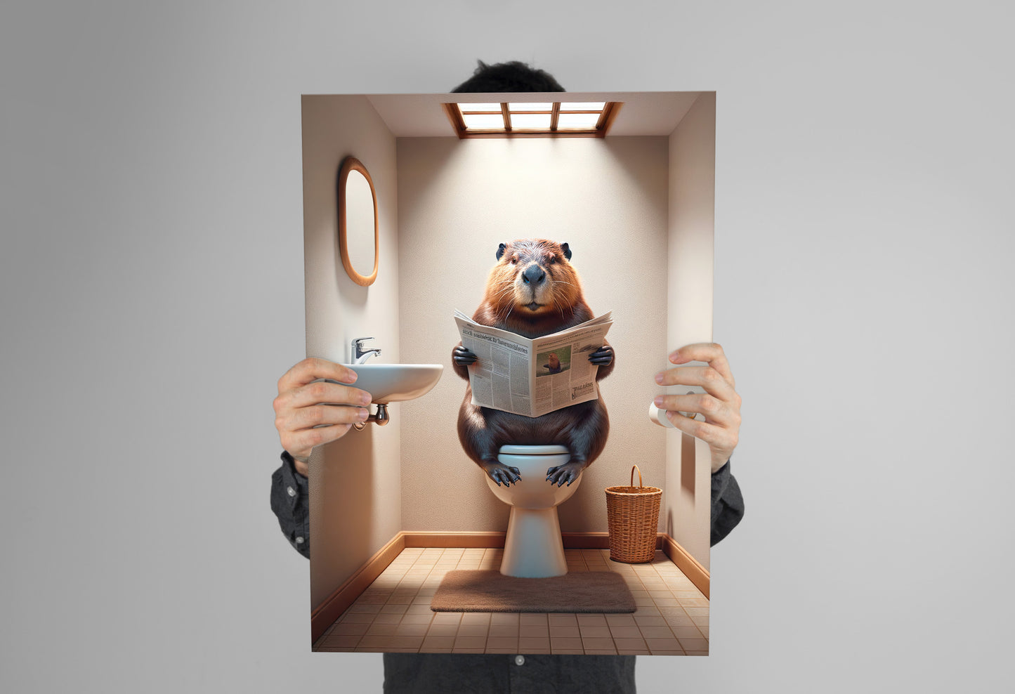 Poster Humour : Castor Lisant le Journal aux Toilettes, Décoration Salle de Bain, Cadeau Amusant, Art Mural WC