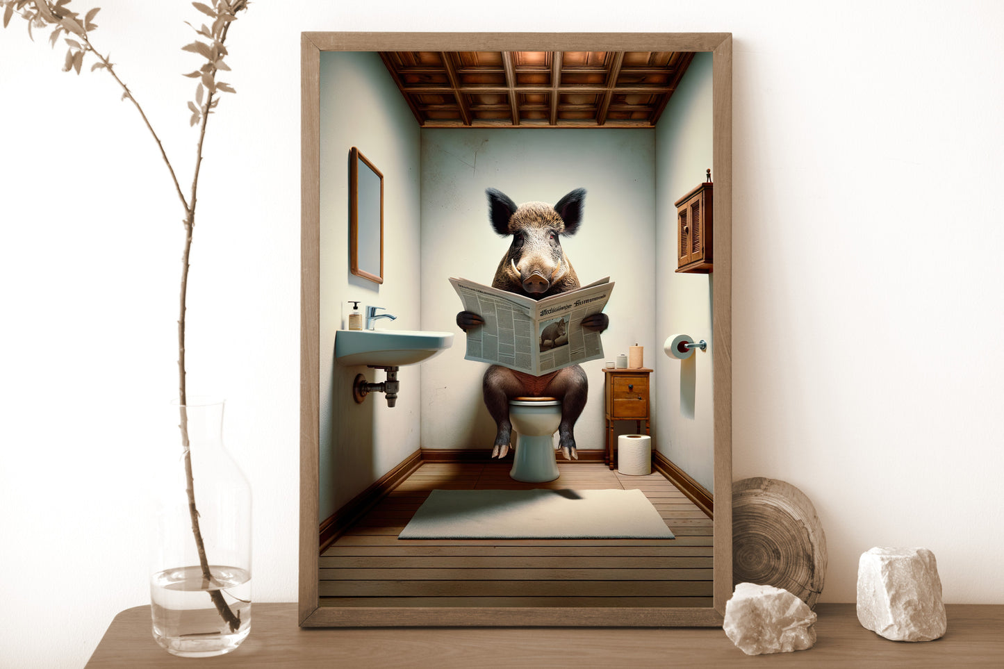 Dark wood framed wild boar reading the newspaper poster on a shelf, dried branch and pebbles decor