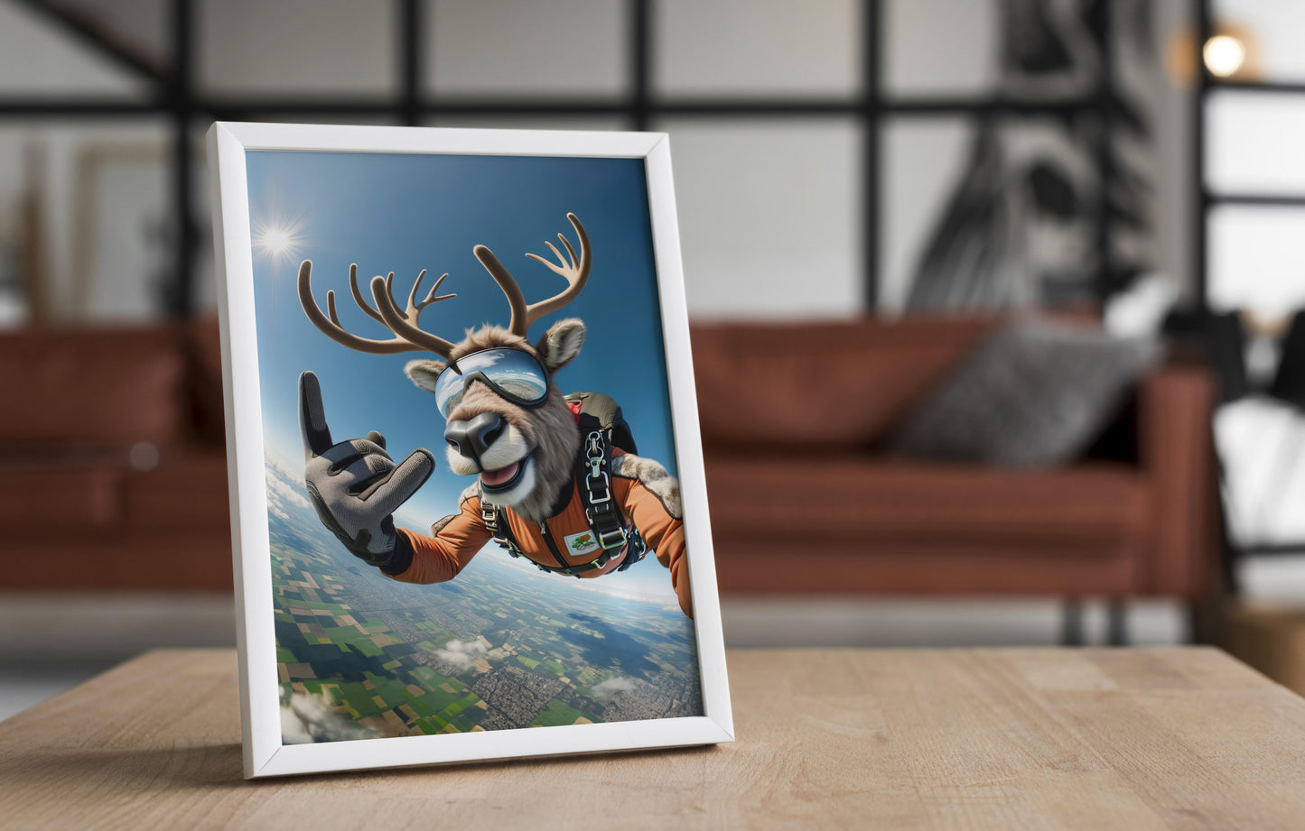 Skydiving caribou poster in a white frame on a living room table