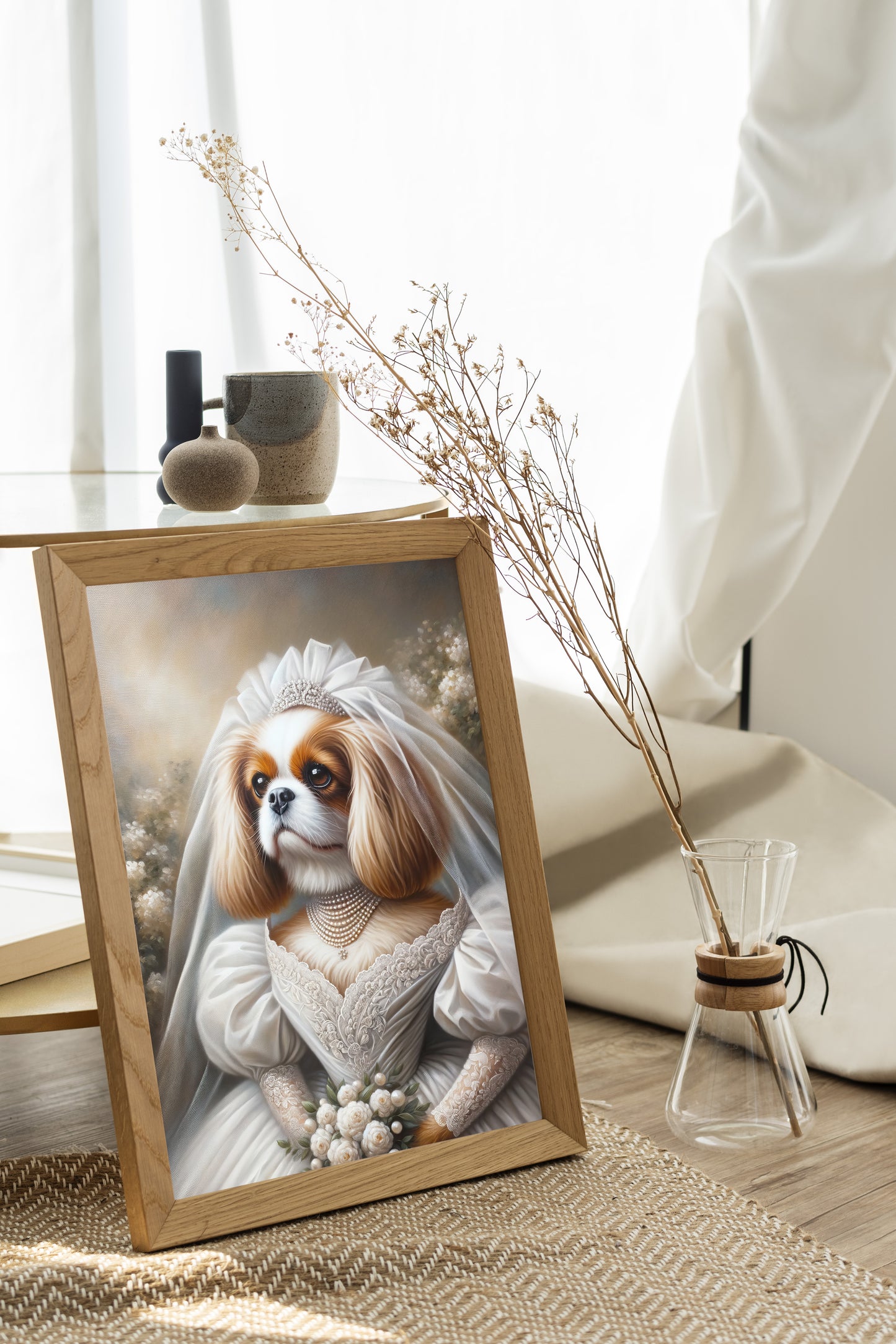 Poster chien Cavalier King Charles mariée, cadre bois clair posé au sol près d'une fenêtre, fleurs séchées