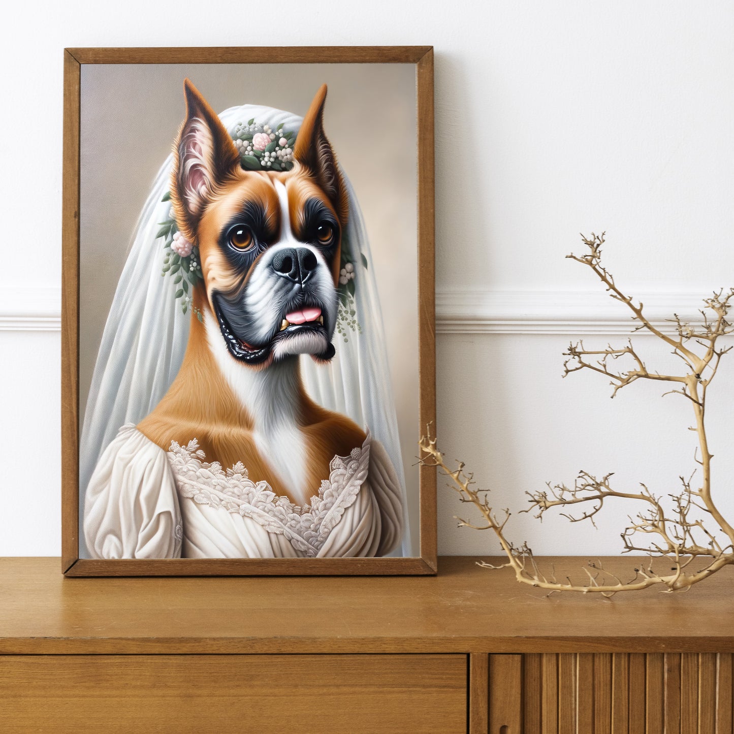 Poster boxer en robe de mariée, cadre bois foncé sur un buffet en bois avec une branche décorative