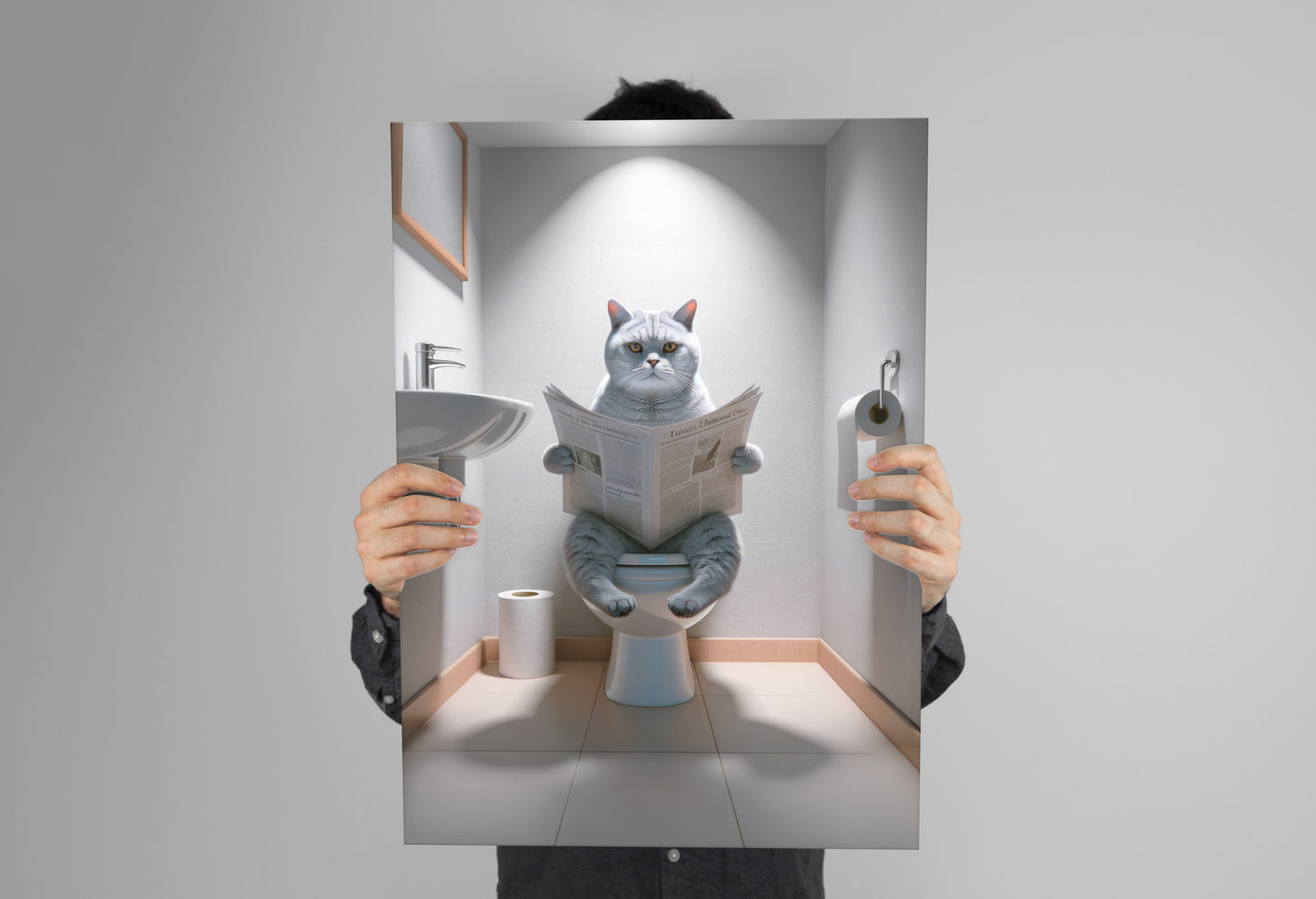 Affiche Murale Humour Chat British Shorthair sur Toilettes - Déco WC et Salle de Bain, Cadeau Original