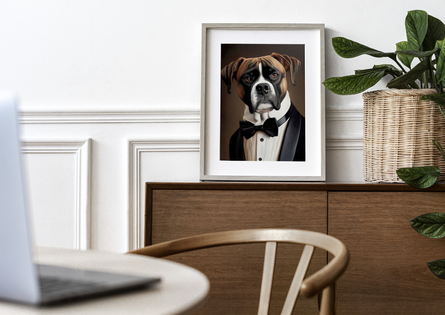 Boxer in tuxedo poster in a thin frame with mat on a wooden sideboard