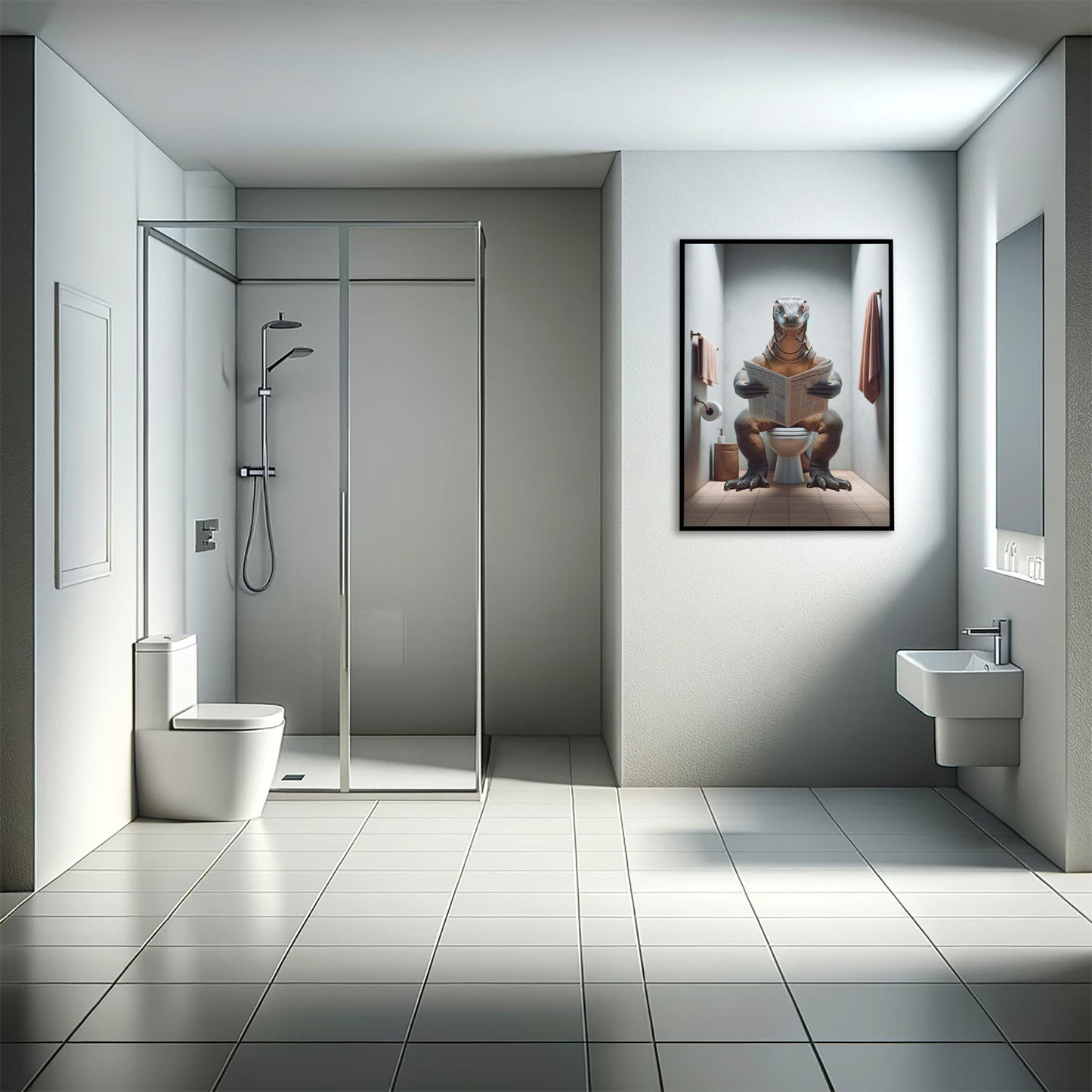 Poster Dragon de Komodo lisant le journal - Déco humoristique pour toilettes, Cadeau original salle de bain, Art mural fun