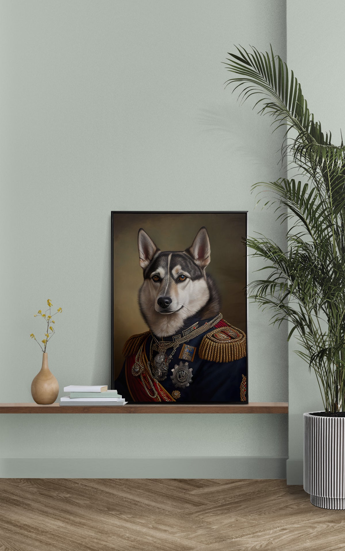 Poster husky officier sur une étagère murale, mur vert sauge et palmier en pot
