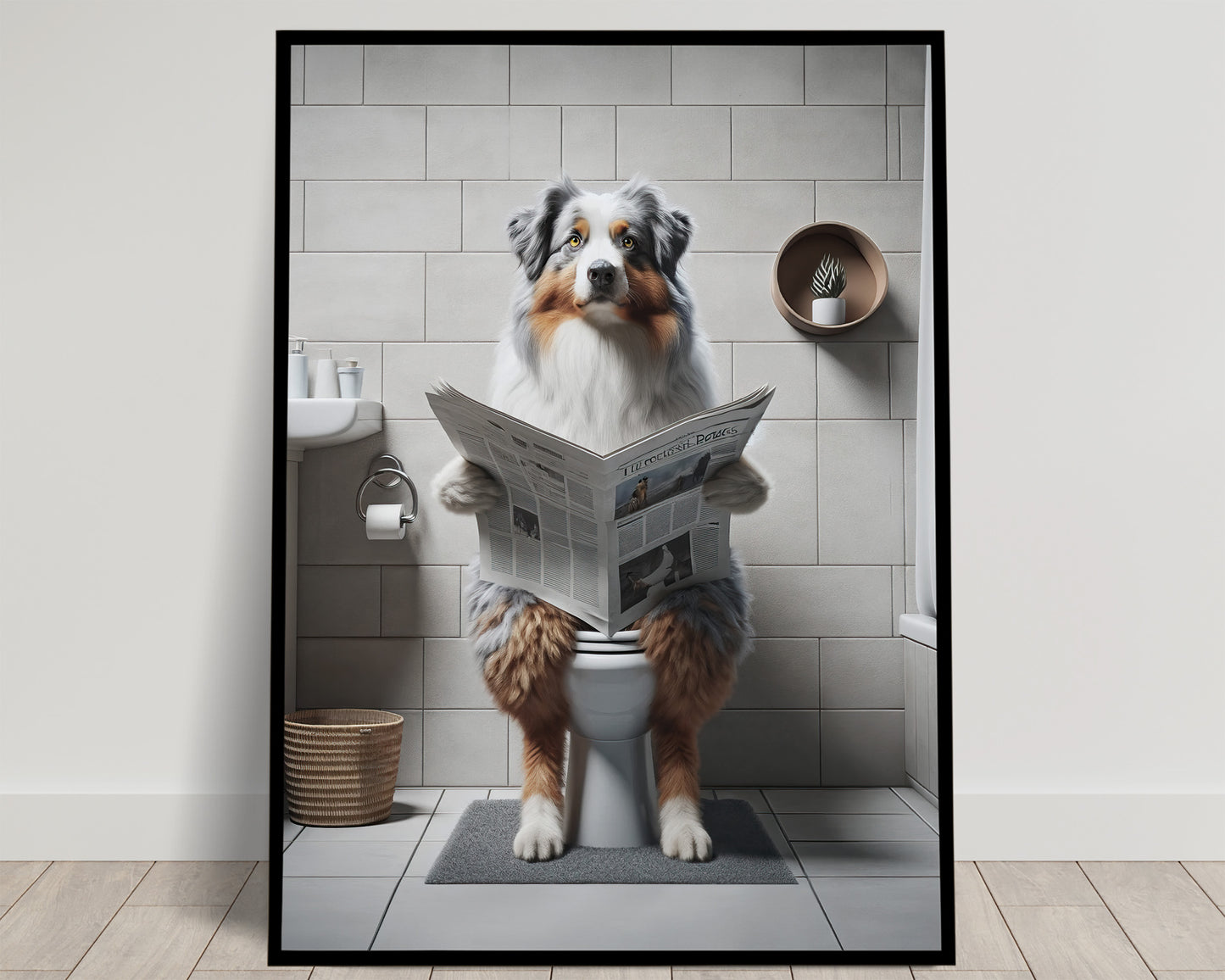 Berger australien bleu merle assis sur les toilettes lisant le journal, mur carrelé, tons gris et roux