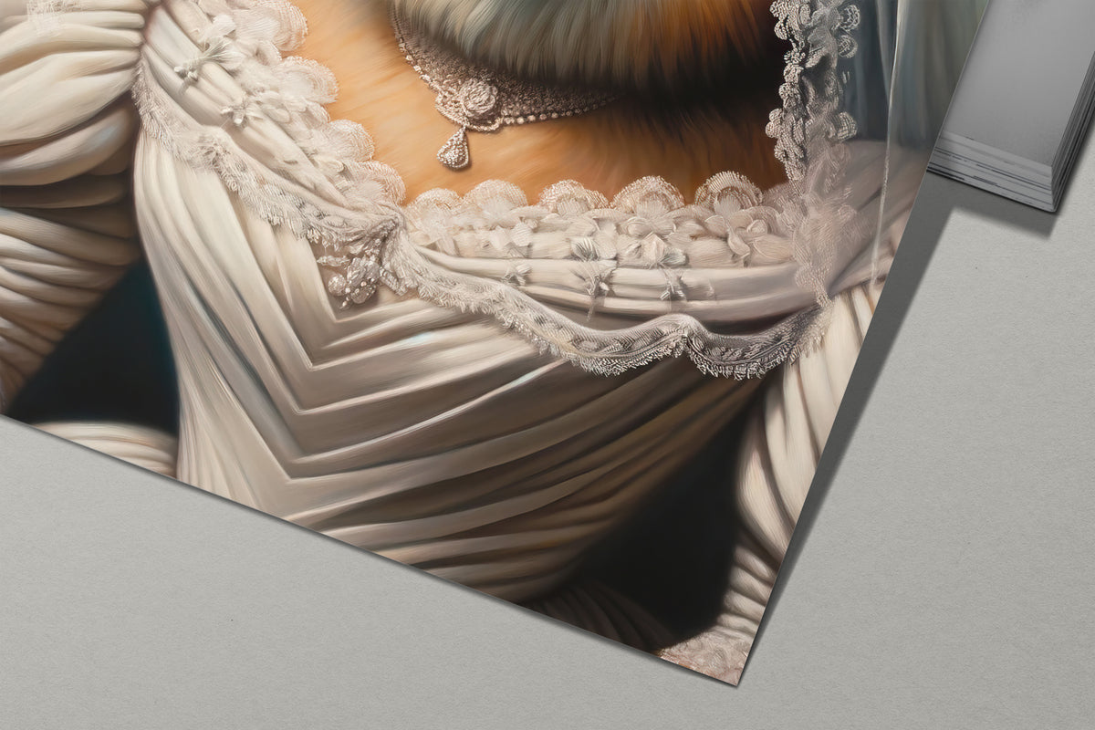 Détail du poster berger allemand en robe de mariée : corsage drapé ivoire, dentelle et pendentif