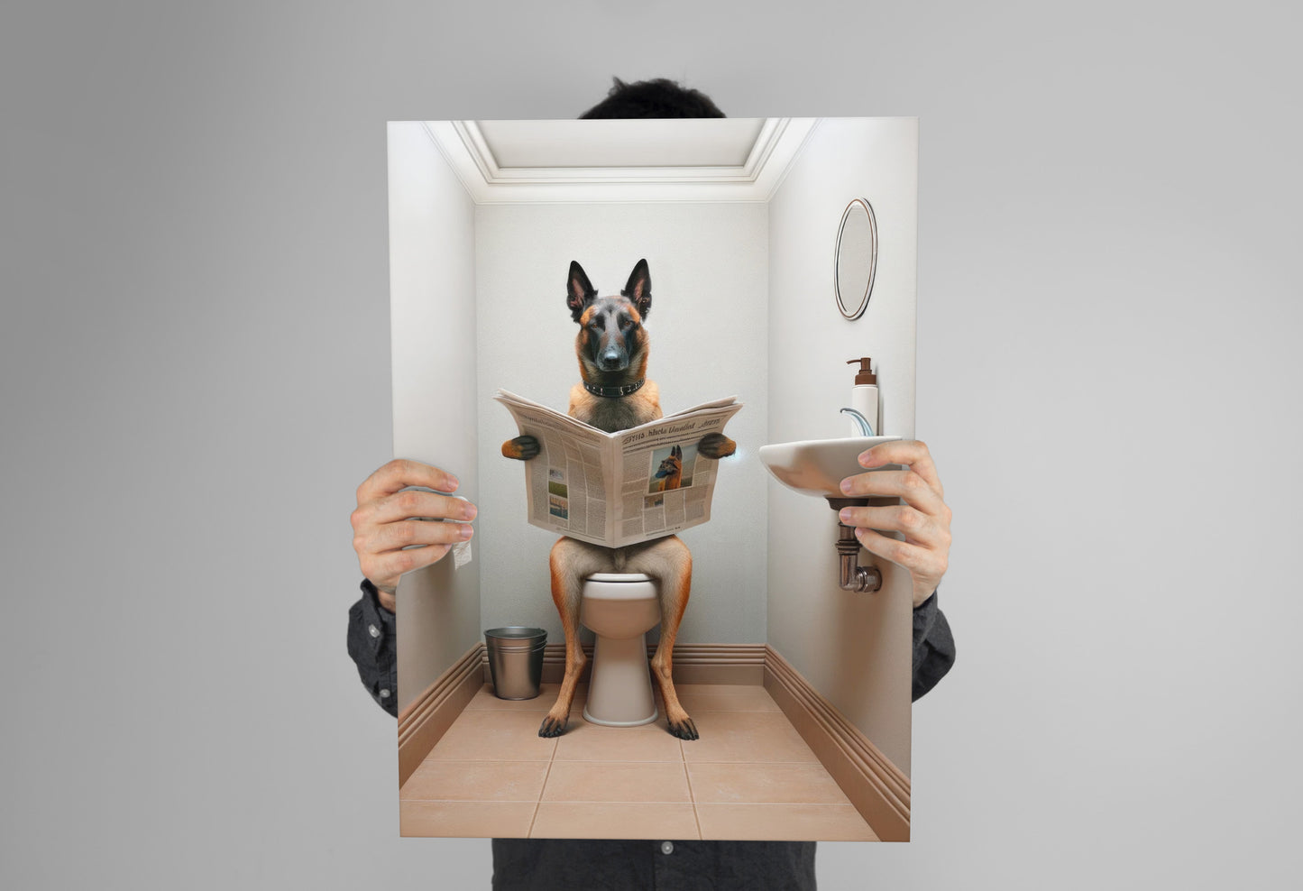 Poster Malinois lisant le journal, Déco WC humoristique, Cadre déco Salle de bain, Idée cadeau Chien Fun