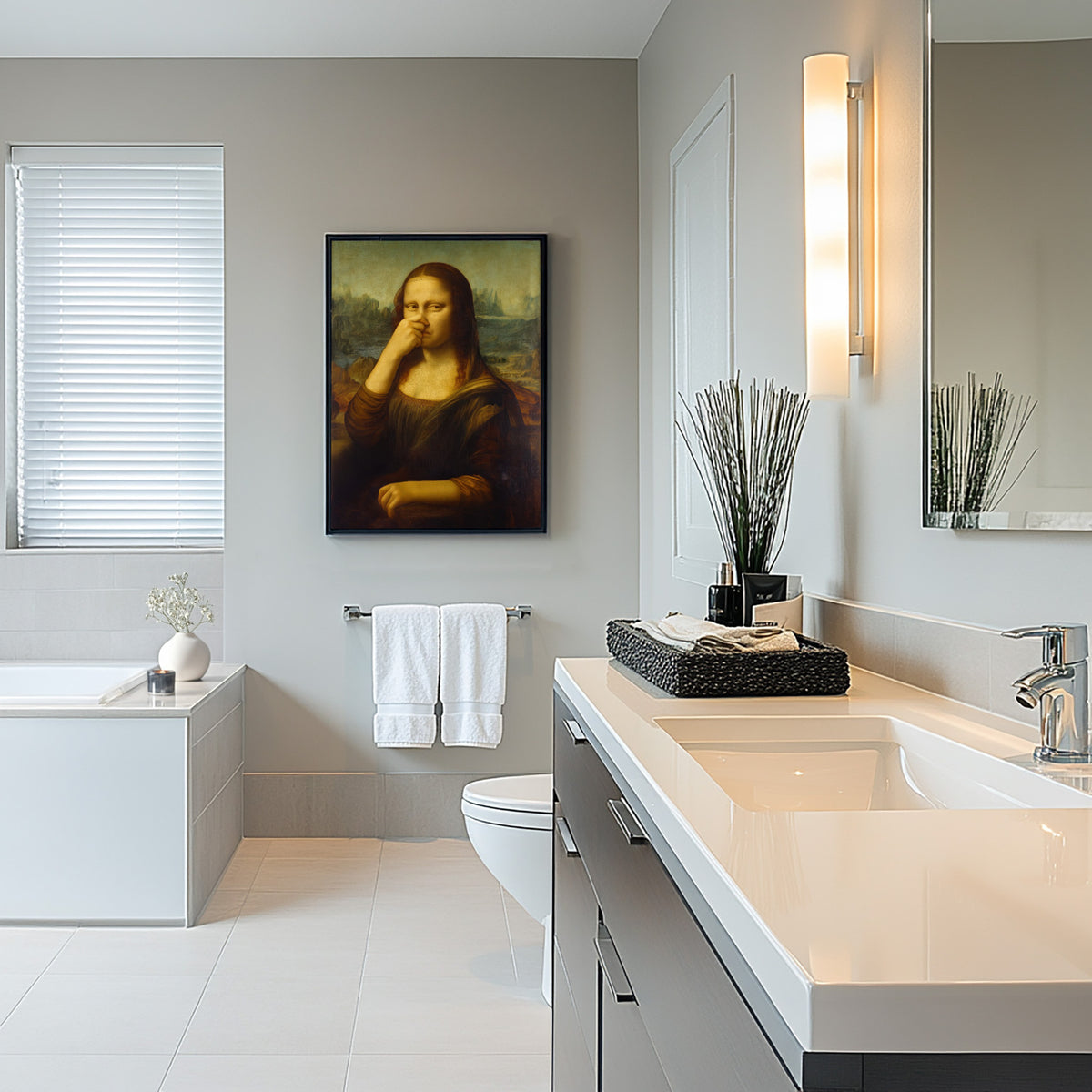 Poster Joconde qui se pince le nez en cadre noir dans une salle de bain moderne avec baignoire et vasque