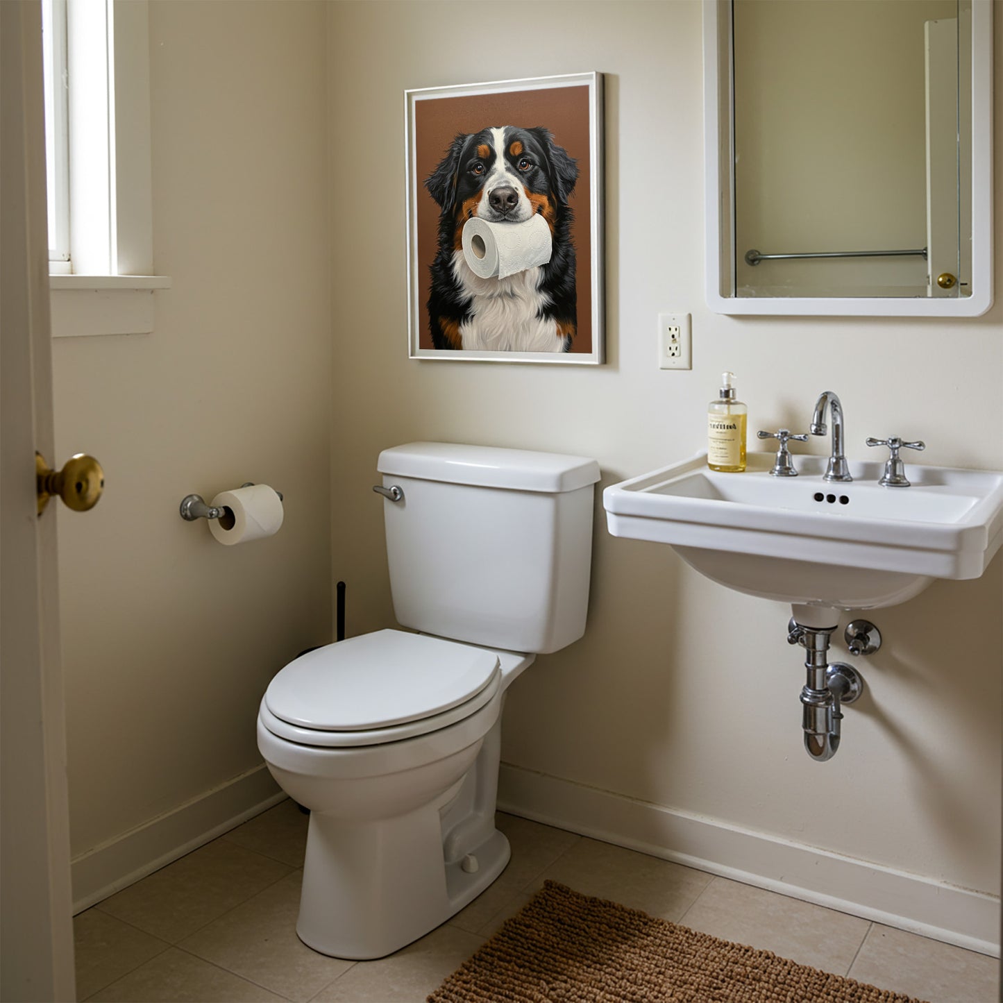 Poster Bouvier bernois tenant un rouleau de papier toilette, encadré au-dessus des WC près du lavabo