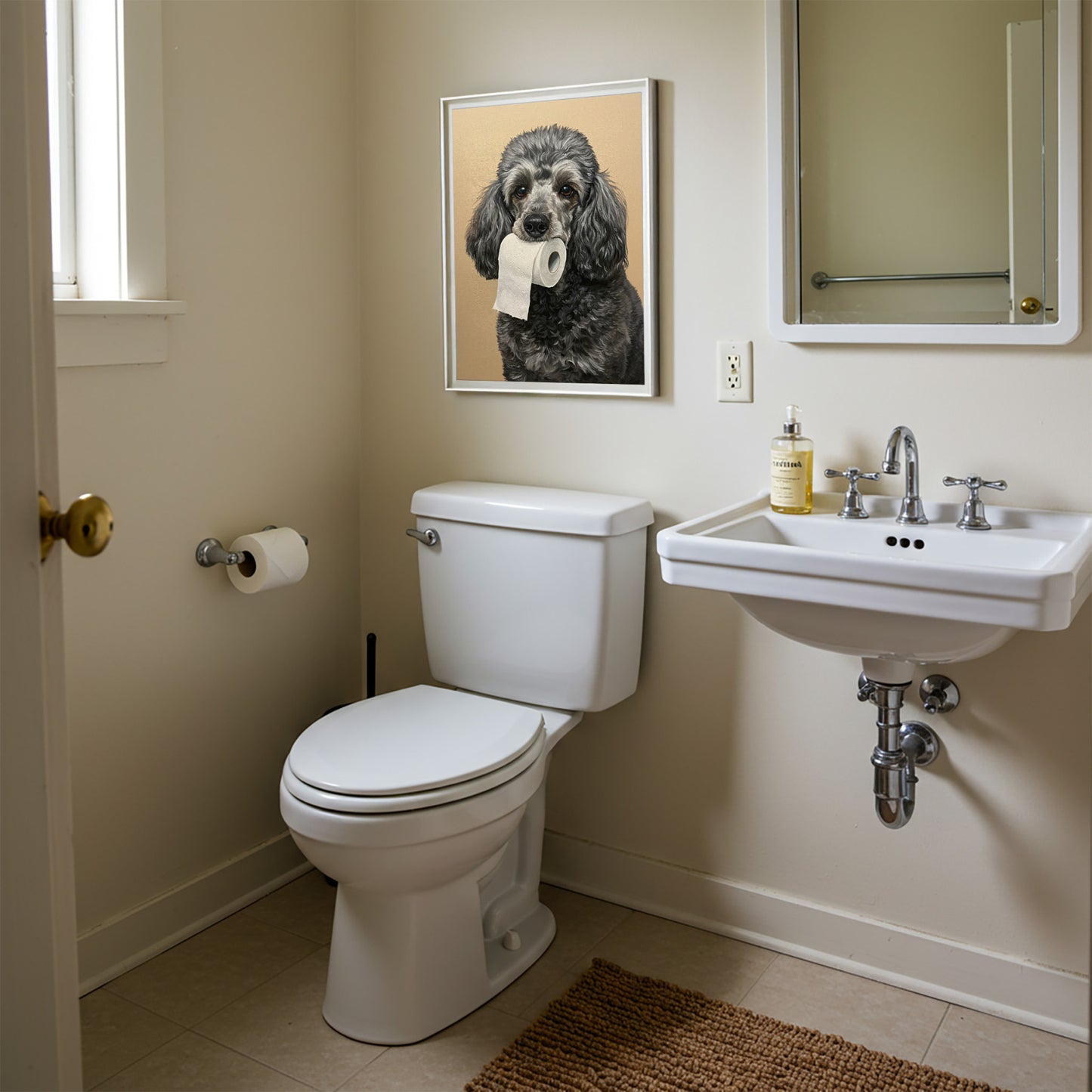 Poster caniche argenté au papier toilette en cadre blanc près du miroir, toilettes beiges avec lavabo