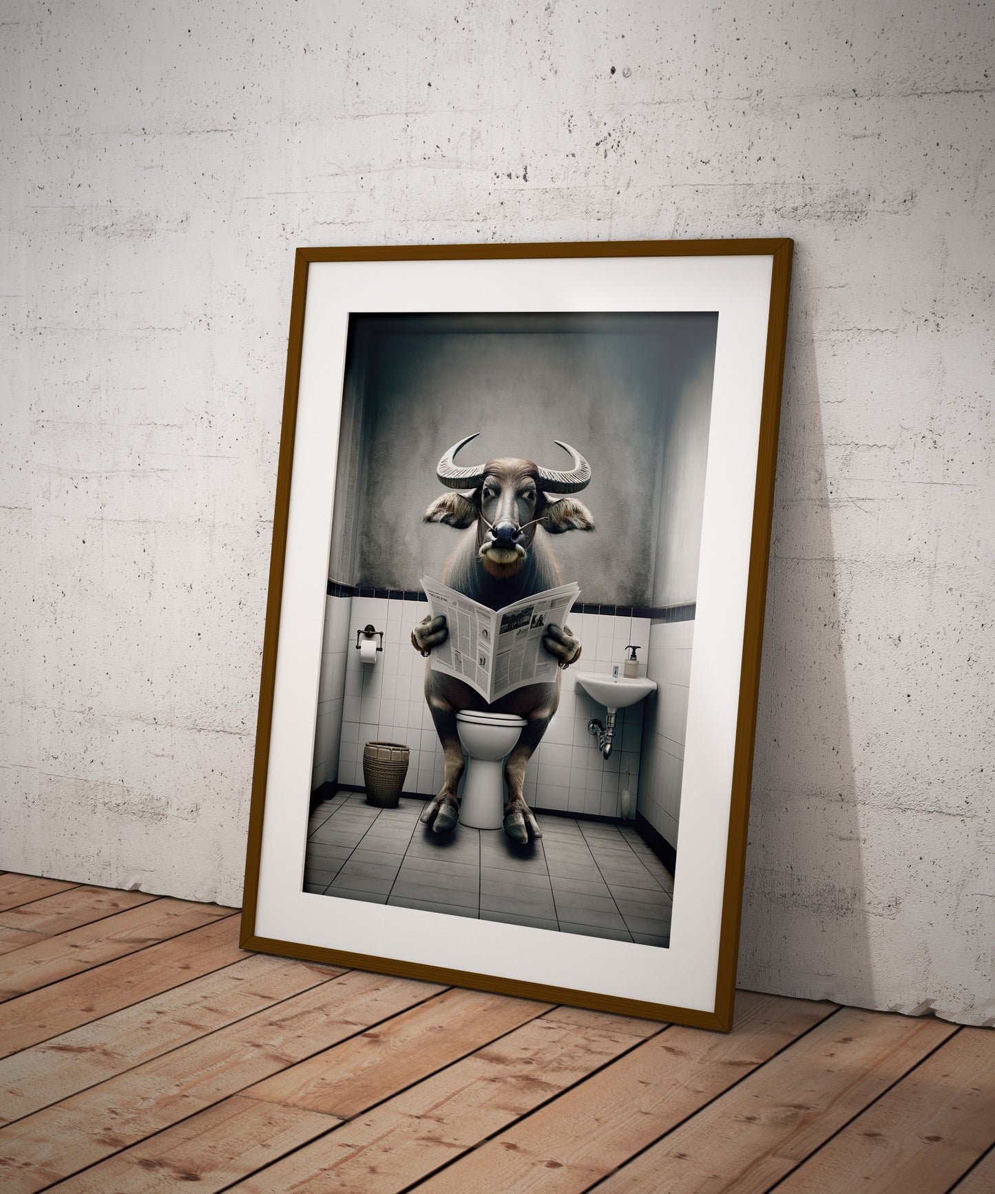 Poster Buffle lisant le journal aux toilettes, Décoration Humoristique WC, Affiche Salle de bain, Cadeau Original Fun
