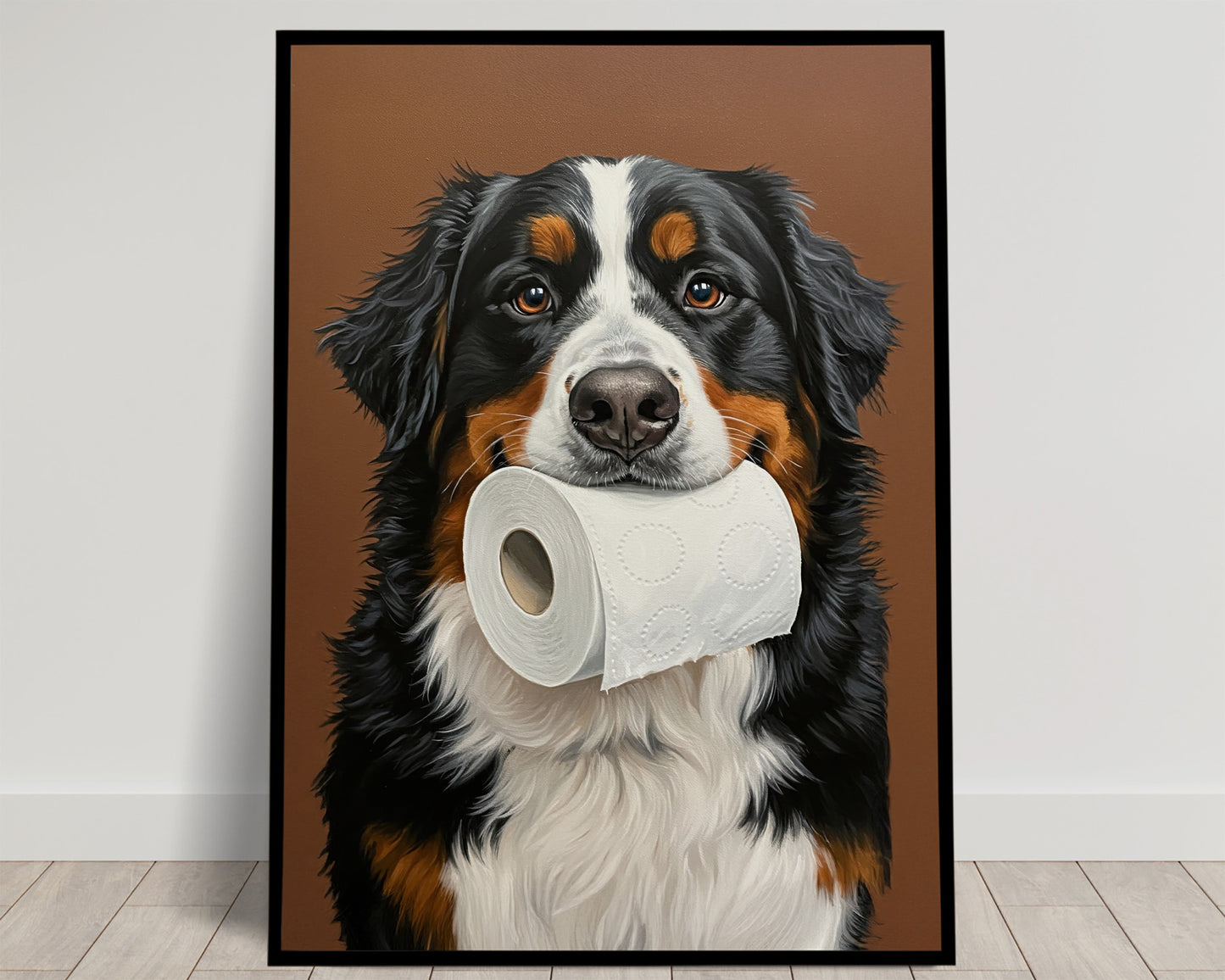 Bouvier bernois tricolore tenant un rouleau de papier toilette dans la gueule, fond terre cuite, poster Balthazart Studio