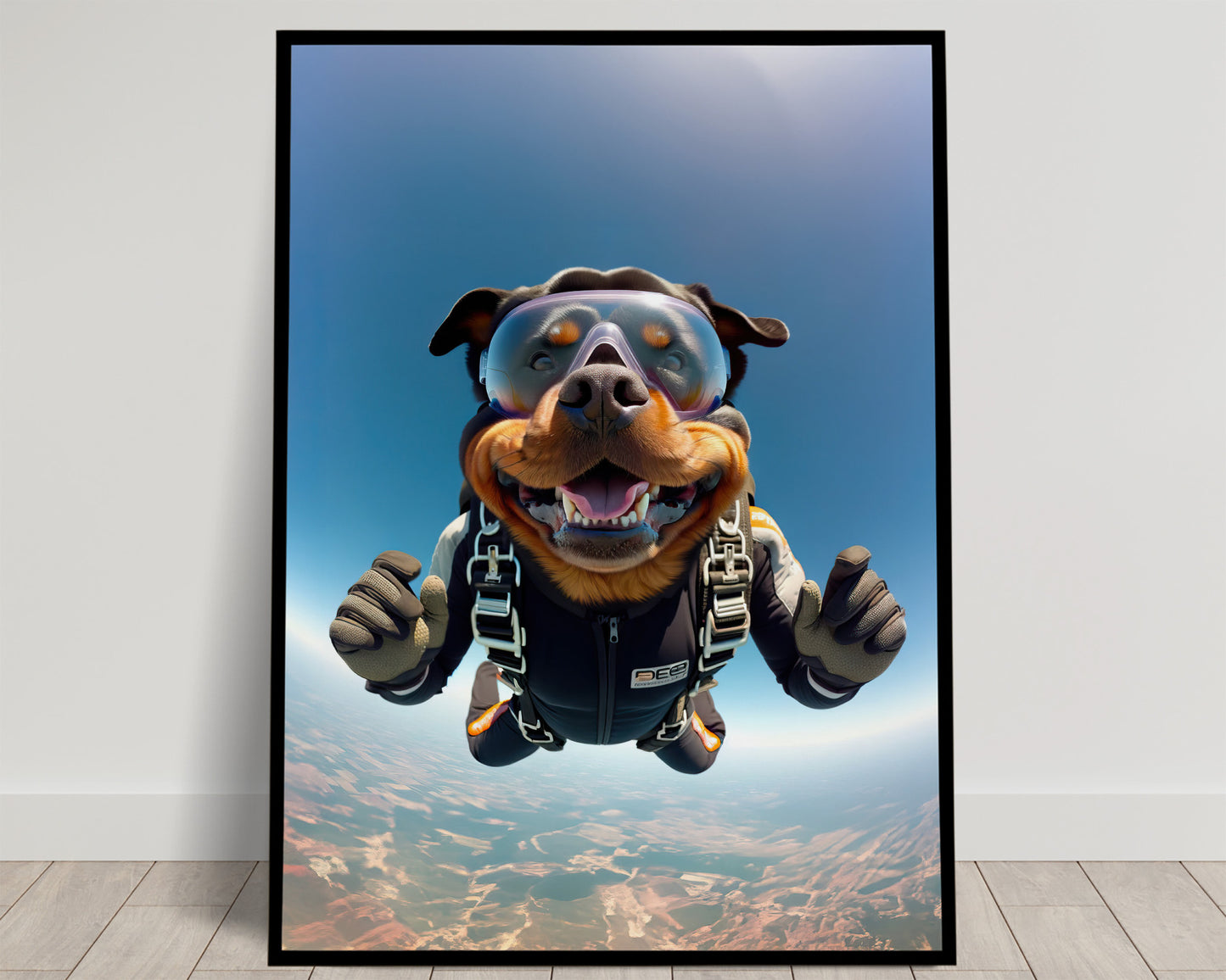 Rottweiler souriant en chute libre, grandes lunettes de saut et combinaison noire, ciel bleu, poster Balthazart Studio