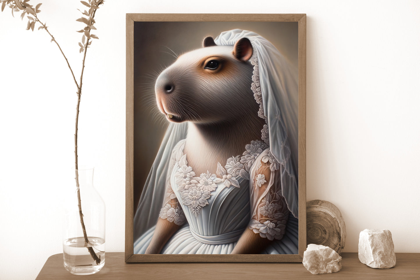 Poster capybara mariée en cadre bois foncé sur une étagère, vase en verre, branche et pierres