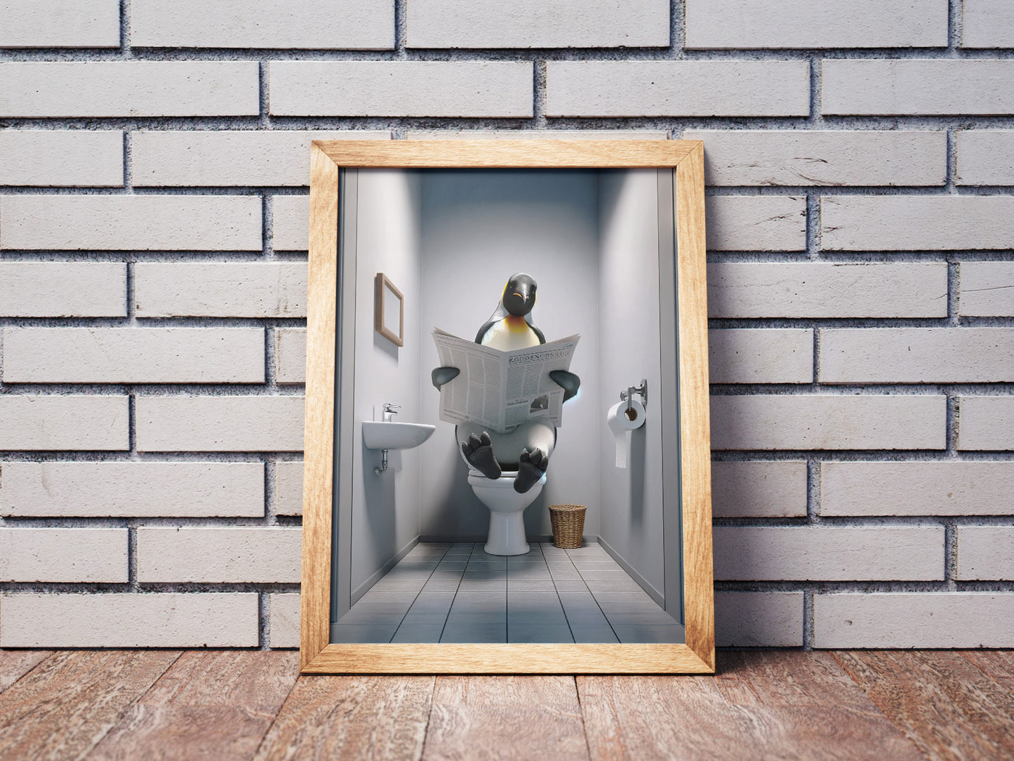Poster Manchot empereur lisant le journal, Décor humour WC, Cadre déco Salle de bain, Poster Toilettes, Cadeau original