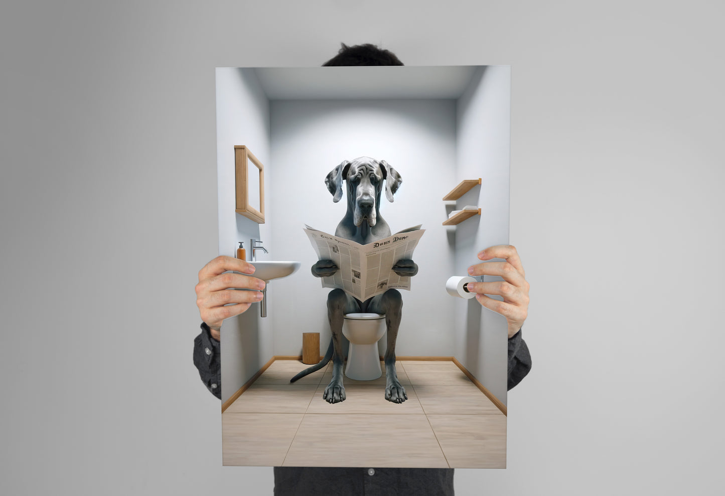 Poster dogue allemand lisant le journal tenu à deux mains devant un mur gris