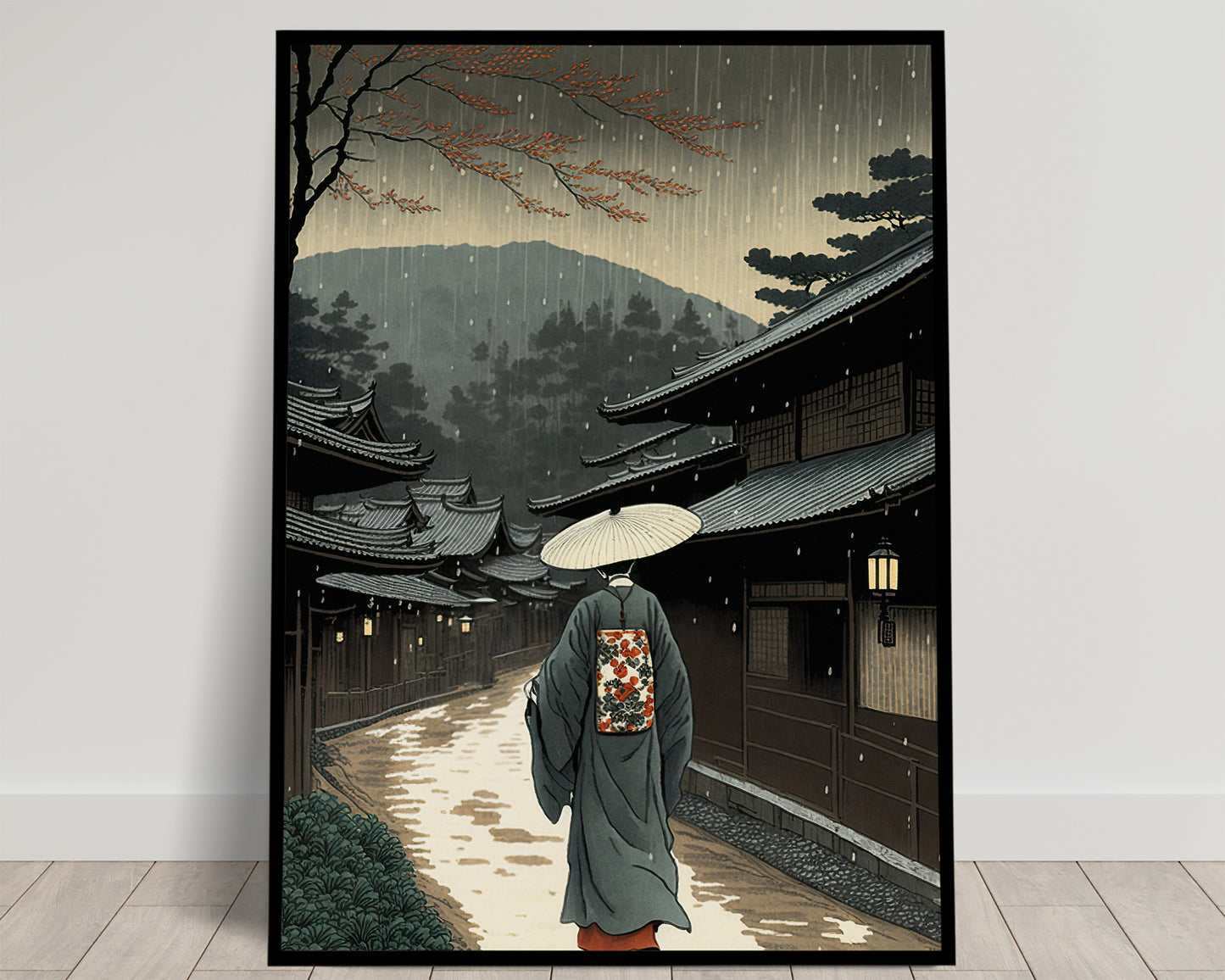 Silhouette en kimono avec ombrelle dans une ruelle de village japonais sous la pluie, lanternes, estampe Balthazart Studio