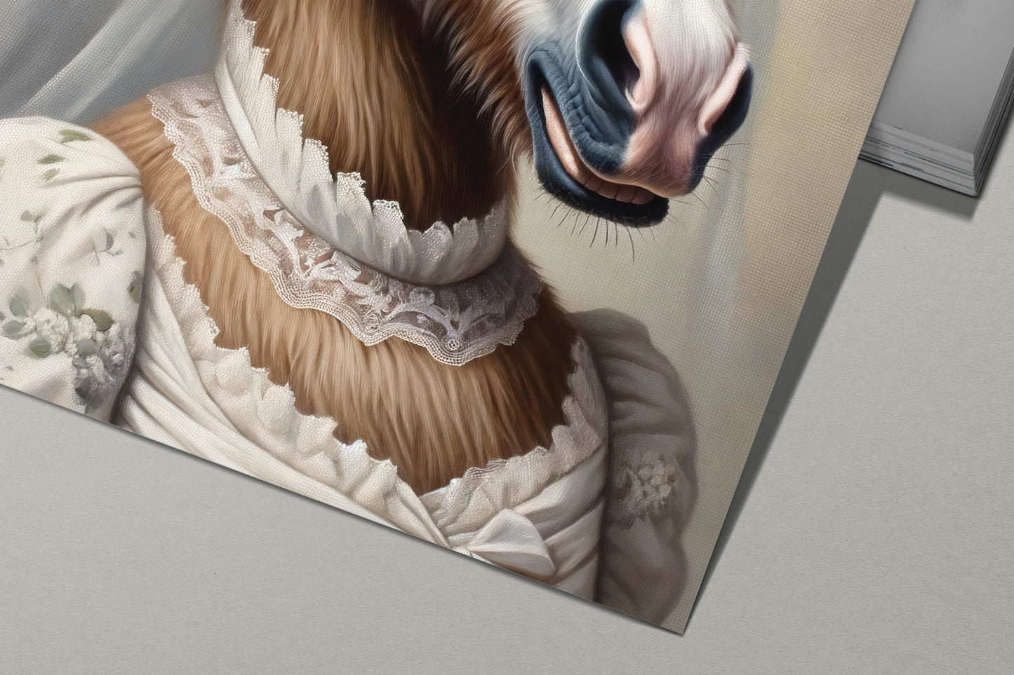 Detail of the mare in wedding dress poster: high lace collar and floral print dress