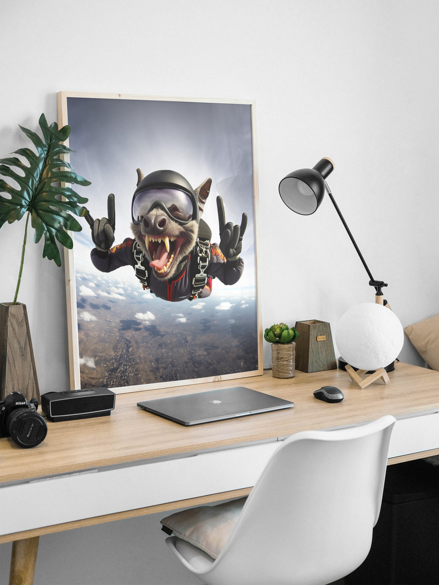 Bat skydiving poster in a natural wood frame on a desk with a laptop and black lamp
