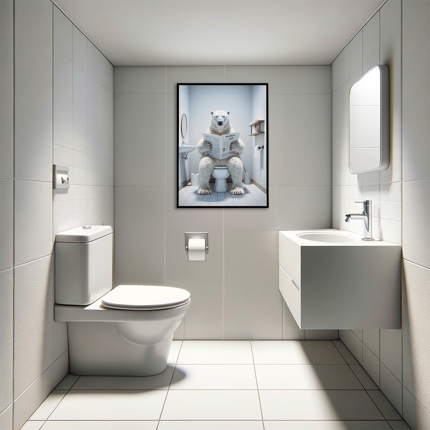 Poster d'un Ours polaire lisant le journal, Décoration Humour WC, Cadre déco Salle de bain, Cadeau Fun, Affiche Toilette