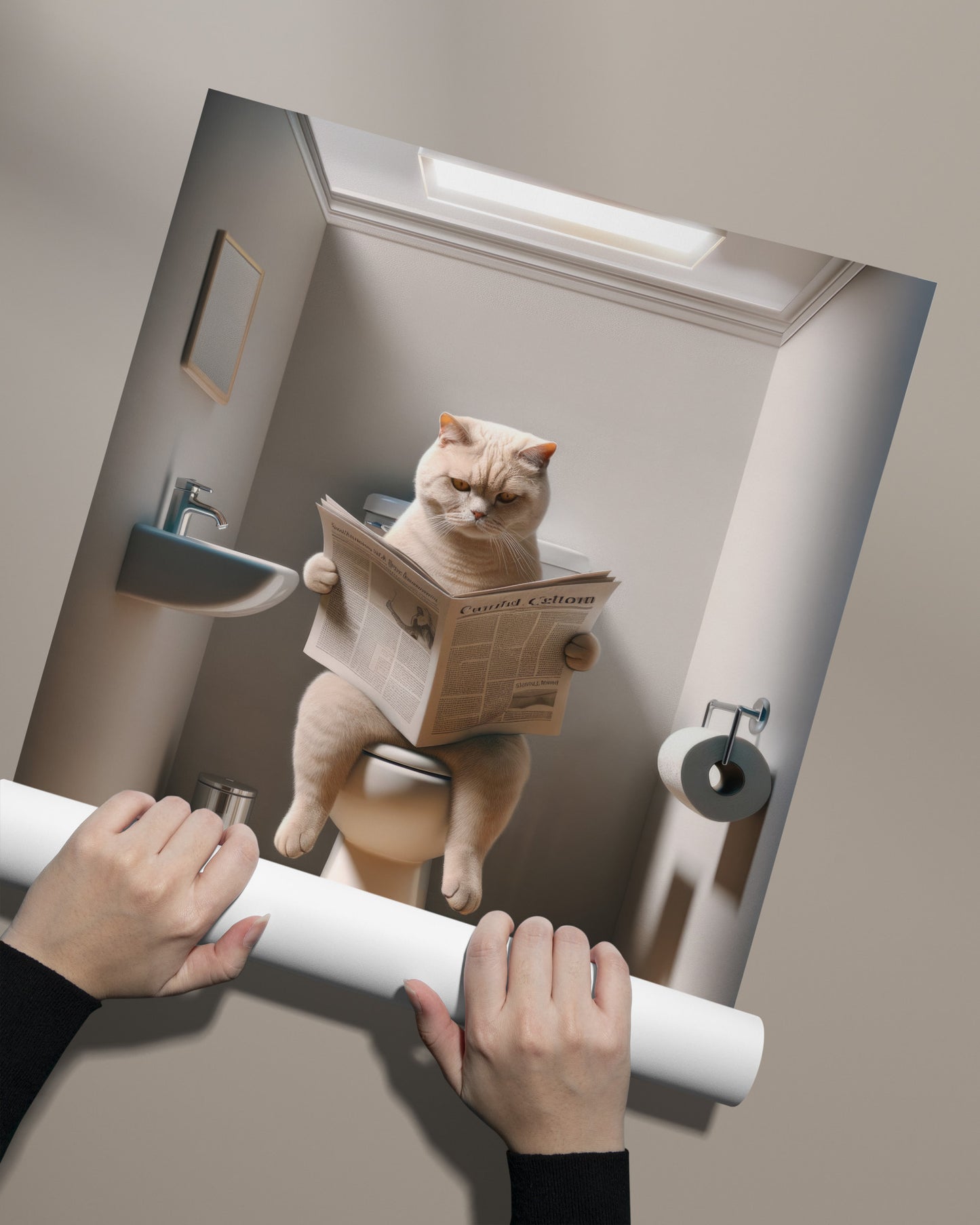 Affiche murale humour - Chat British Shorthair crème lisant aux toilettes, déco WC & salle de bain, cadeau amusant