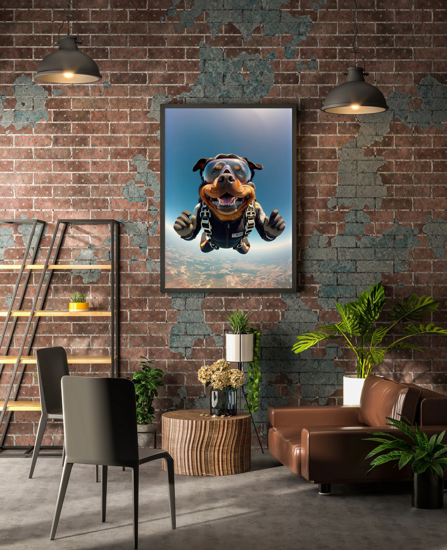 Affiche Rottweiler en chute libre, cadre noir sur mur de briques apparentes, salon industriel et canapé en cuir