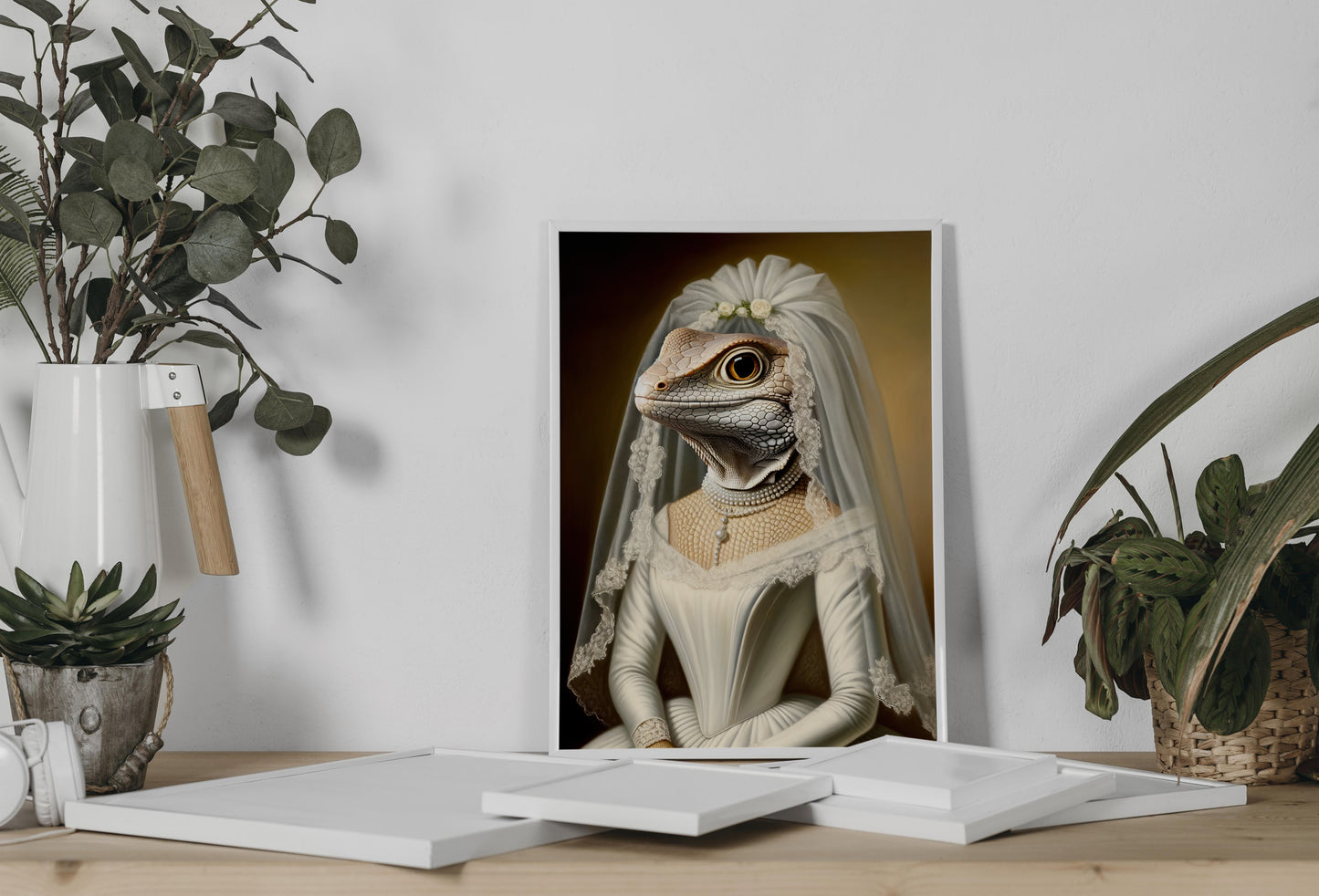 Poster lézard en robe de mariée appuyé au mur sur une console, entre eucalyptus et plante en pot