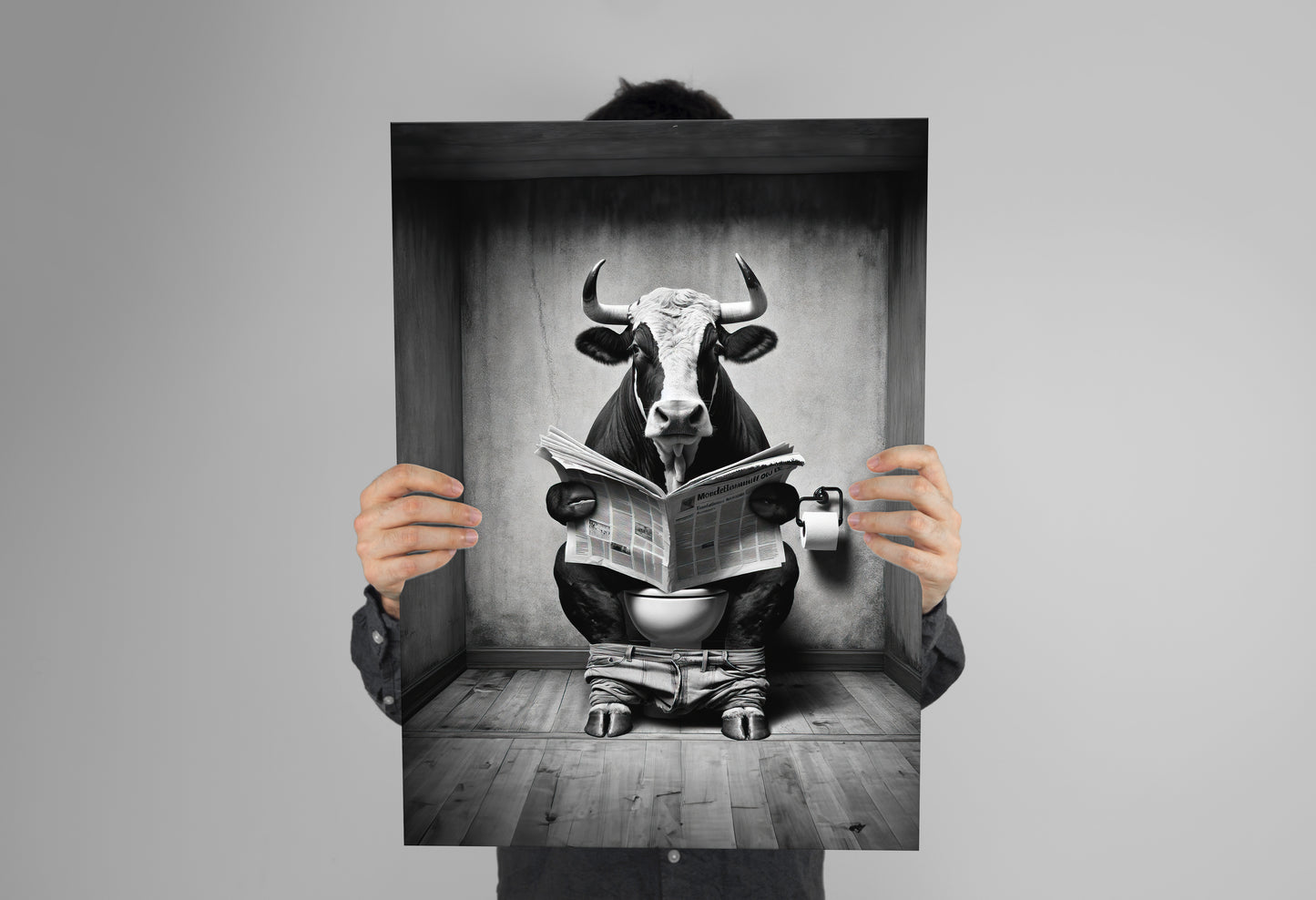 Funny Bull Reading Poster - Black and White Bathroom Wall Art - Fun Decor for Bathroom - Perfect Funny Gift