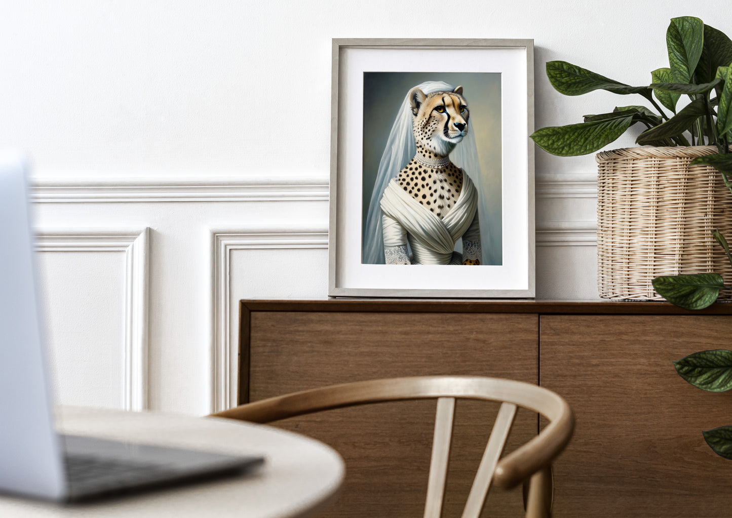 Cheetah bride poster in a natural wood frame with mat on a wooden sideboard near a plant