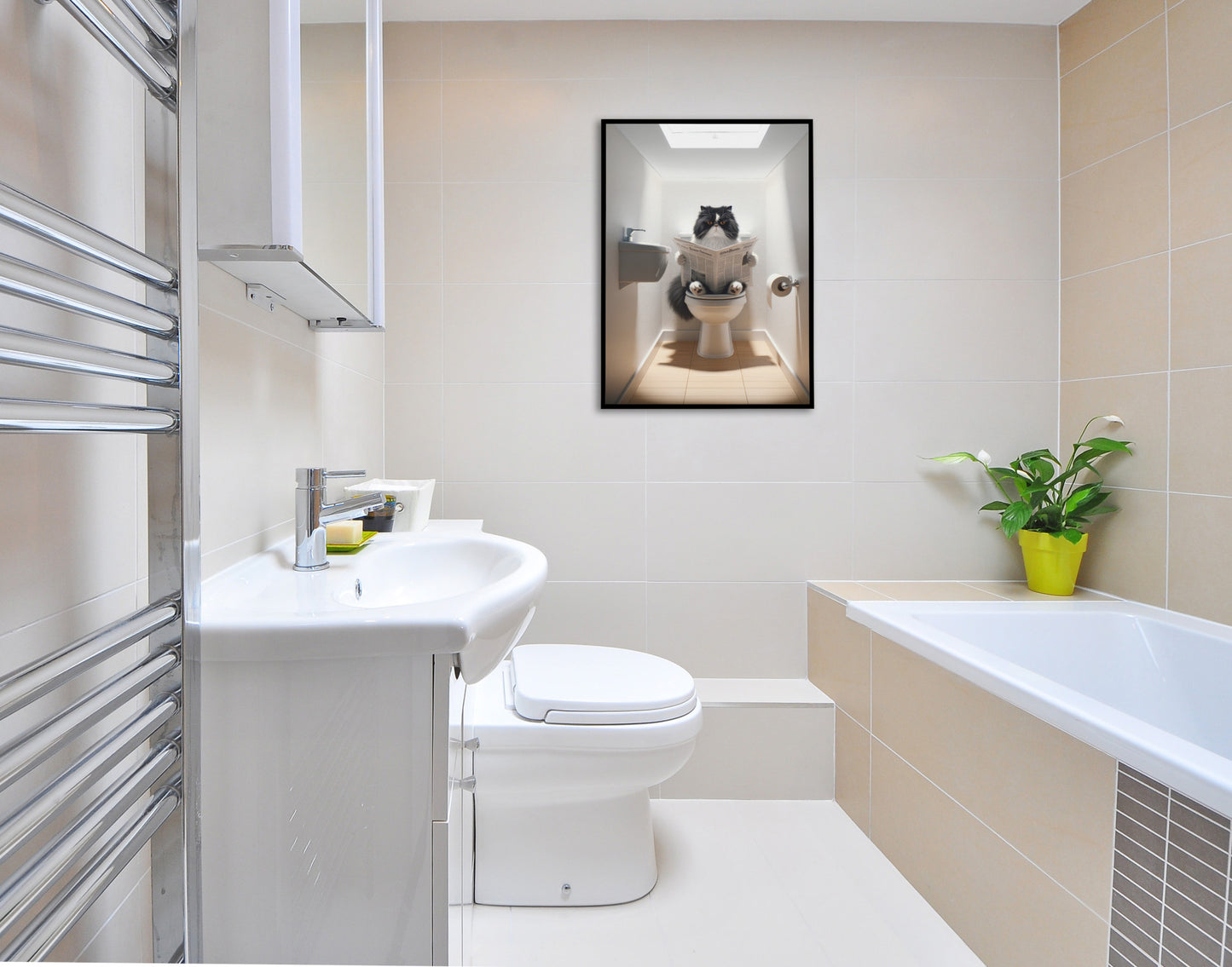 Affiche Humour : Chat Persan Noir et Blanc lisant aux Toilettes - Déco WC & Salle de Bain, Cadeau Rigolo pour Amateurs de Chats