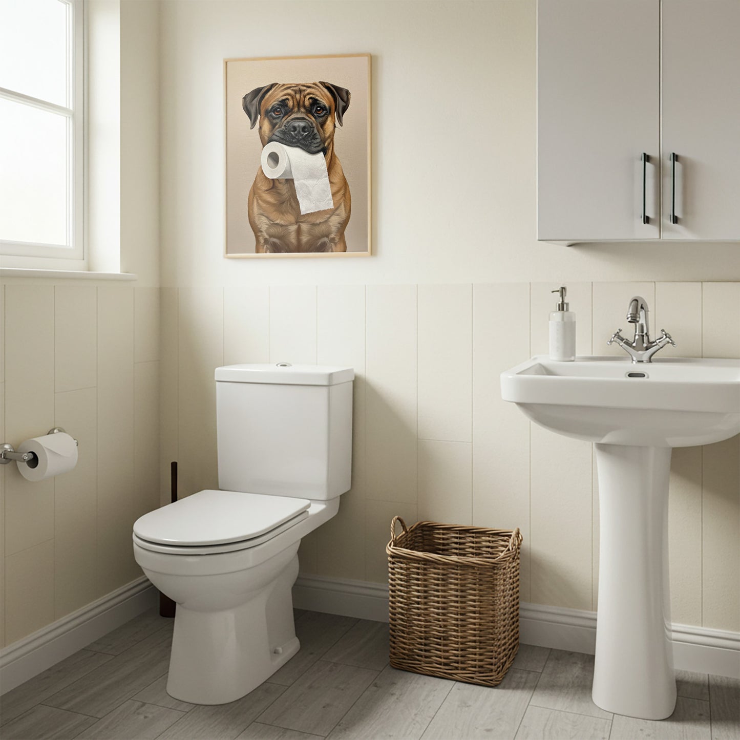 Poster Bullmastiff en cadre bois clair au-dessus des WC, panier en osier et lavabo sur colonne